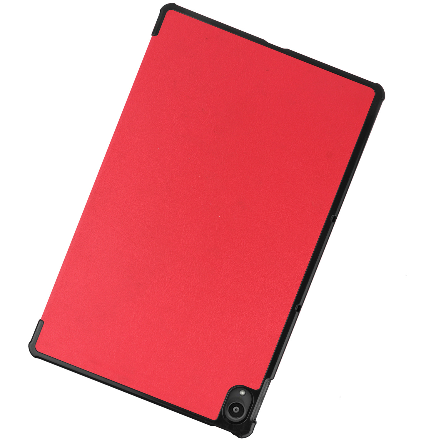 Rode tablethoes, gesloten. Zwarte rand omringt de rode cover.