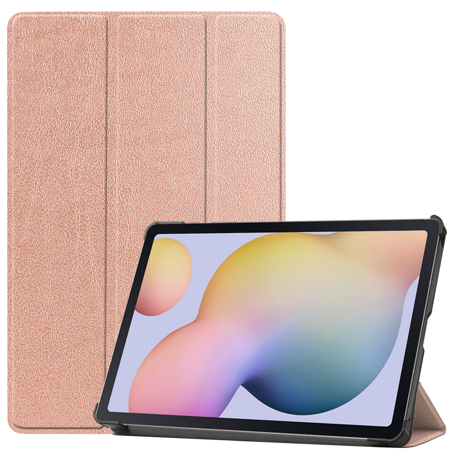 Tablette et étui roses. La tablette est ouverte, soutenue. L'étui est derrière la tablette.