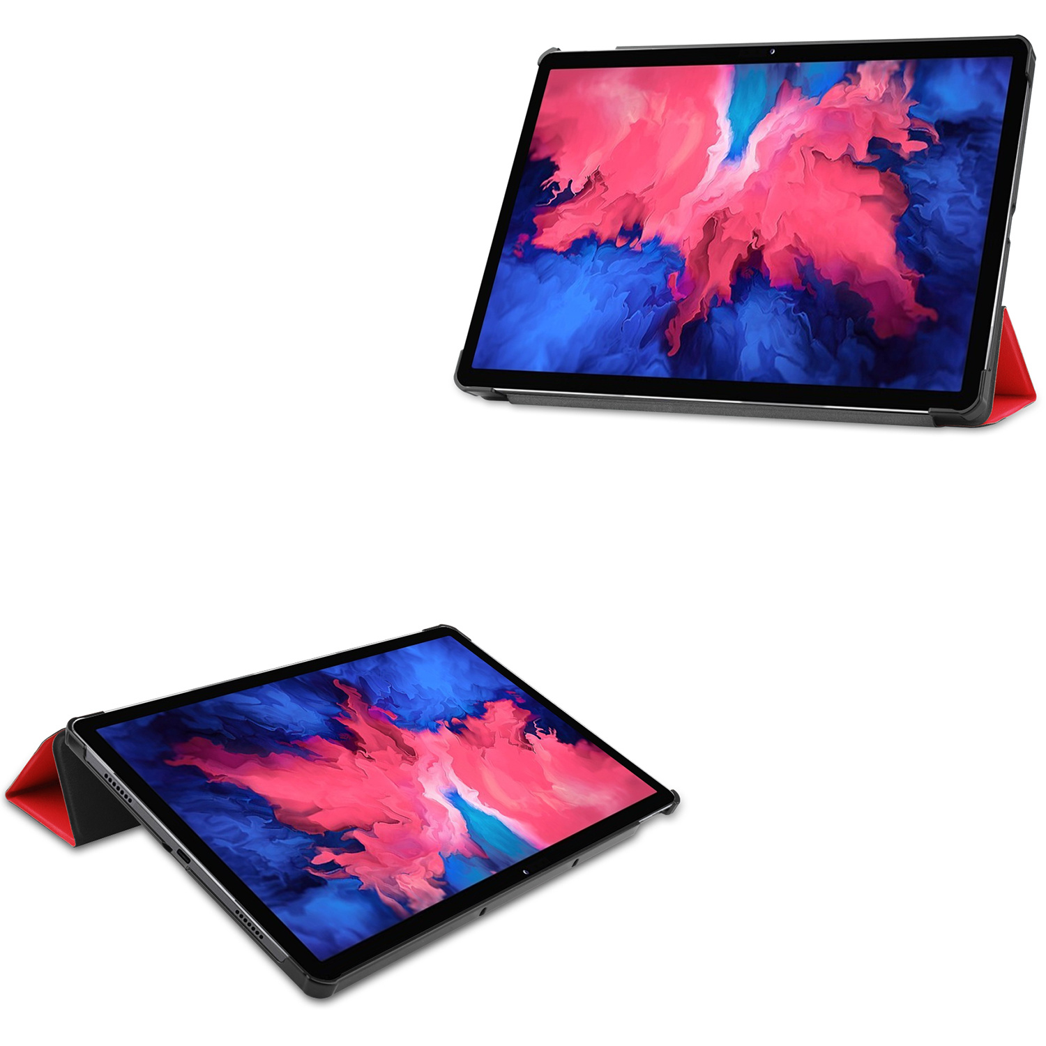 Twee tablets met rode hoesjes, één open. Ze tonen een roze en blauwe abstracte afbeelding. Witte achtergrond.