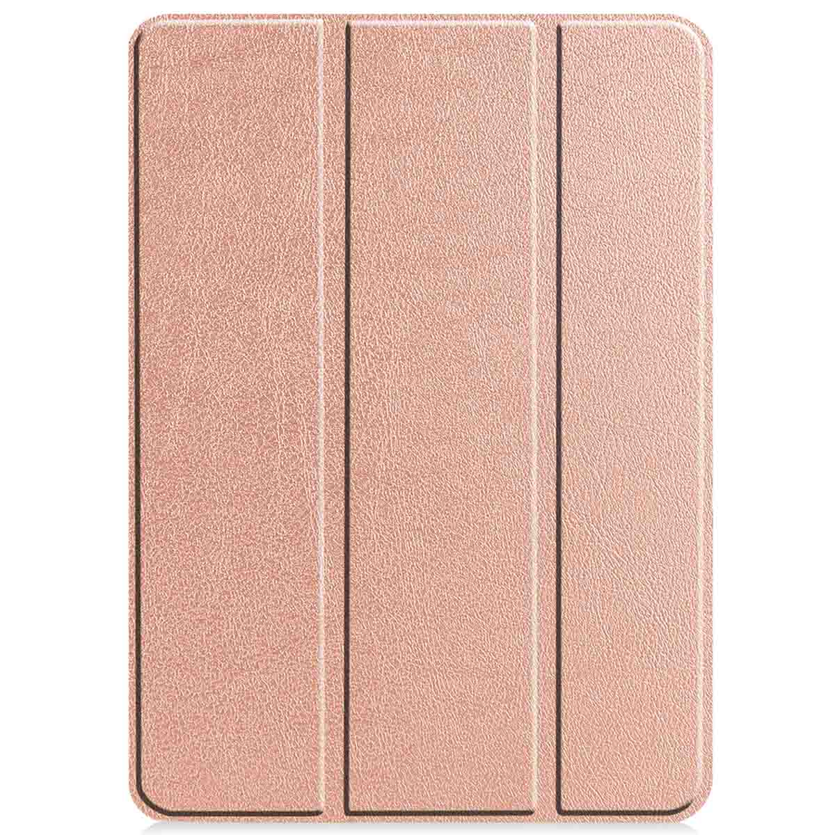 Closed rose gold tablet case. Three vertical folds and a textured surface. White background.