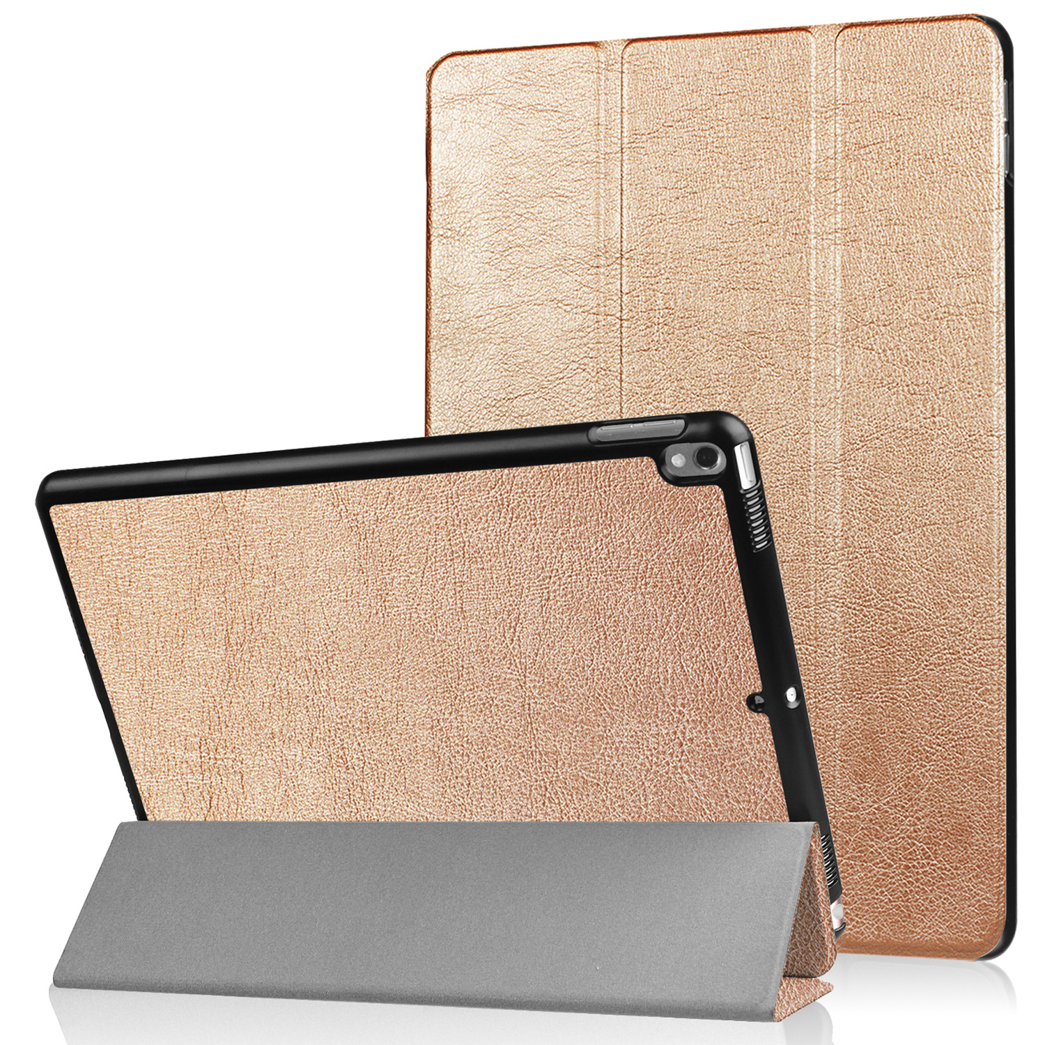 Tablet in gold case, propped up. Another case is in the background.