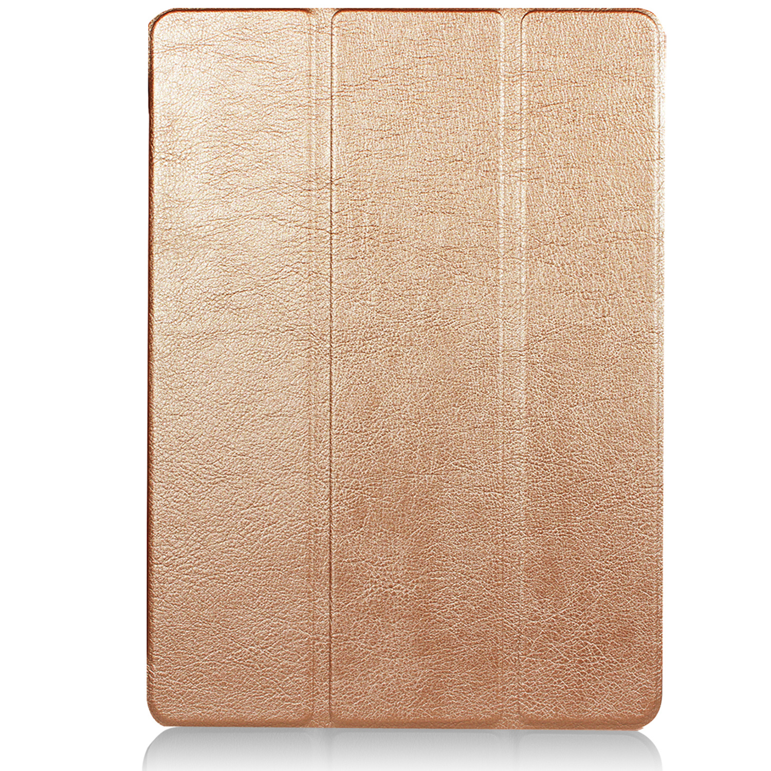 A closed, golden-colored tablet case with a leather texture, positioned upright.