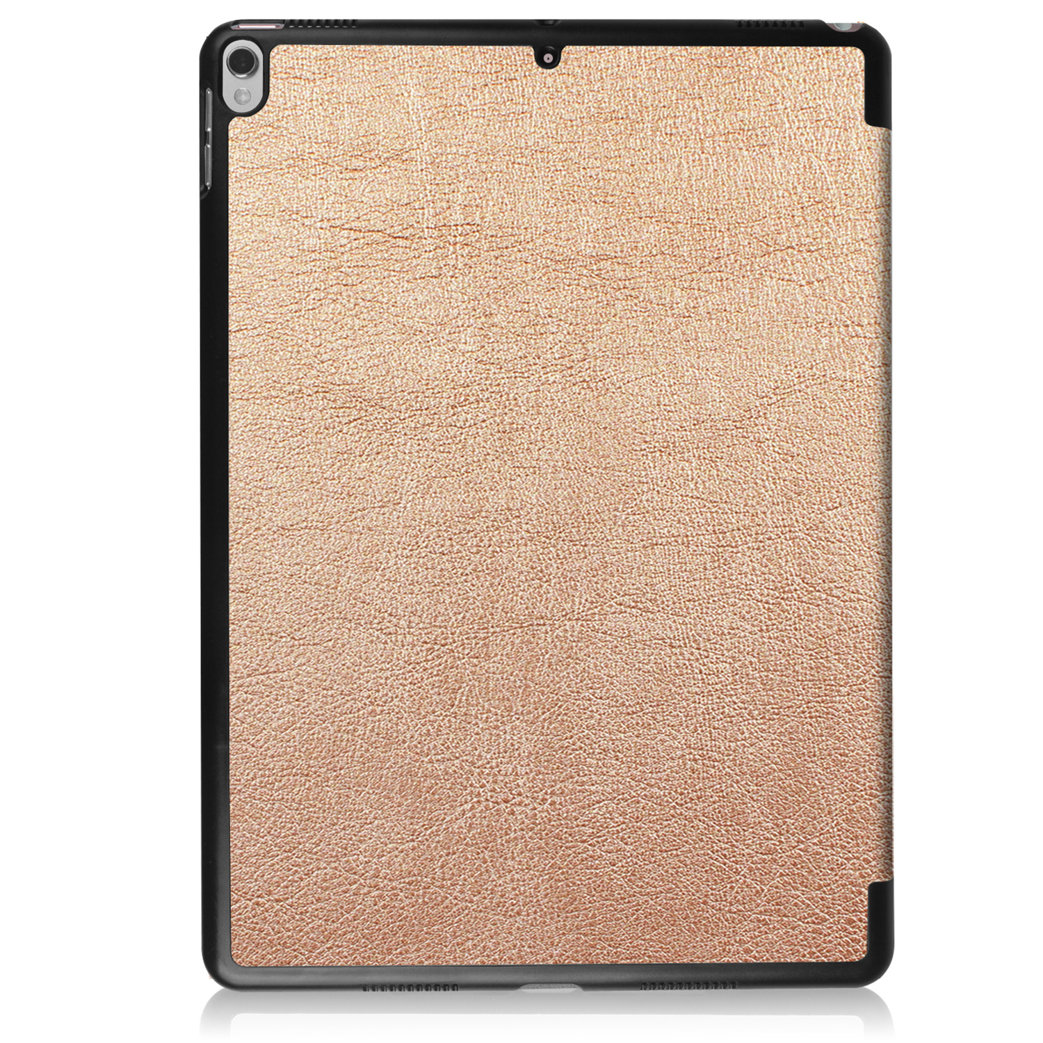 A tablet case with a textured, gold-colored surface. The tablet is not in use.