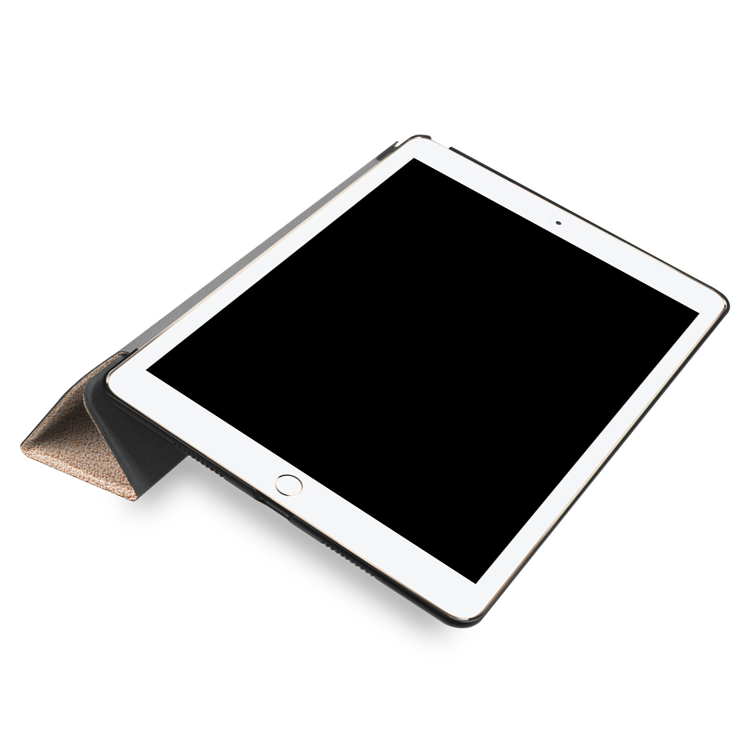 Tablet propped up in a black case. The screen is black.