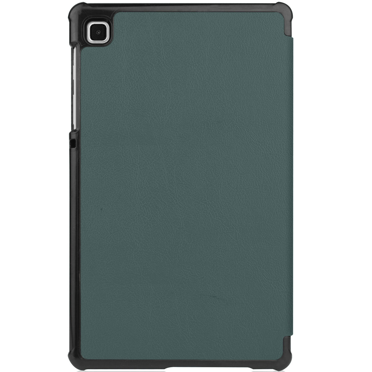Tablette dans un étui vert foncé, montrant l'arrière, avec caméra et lunette.