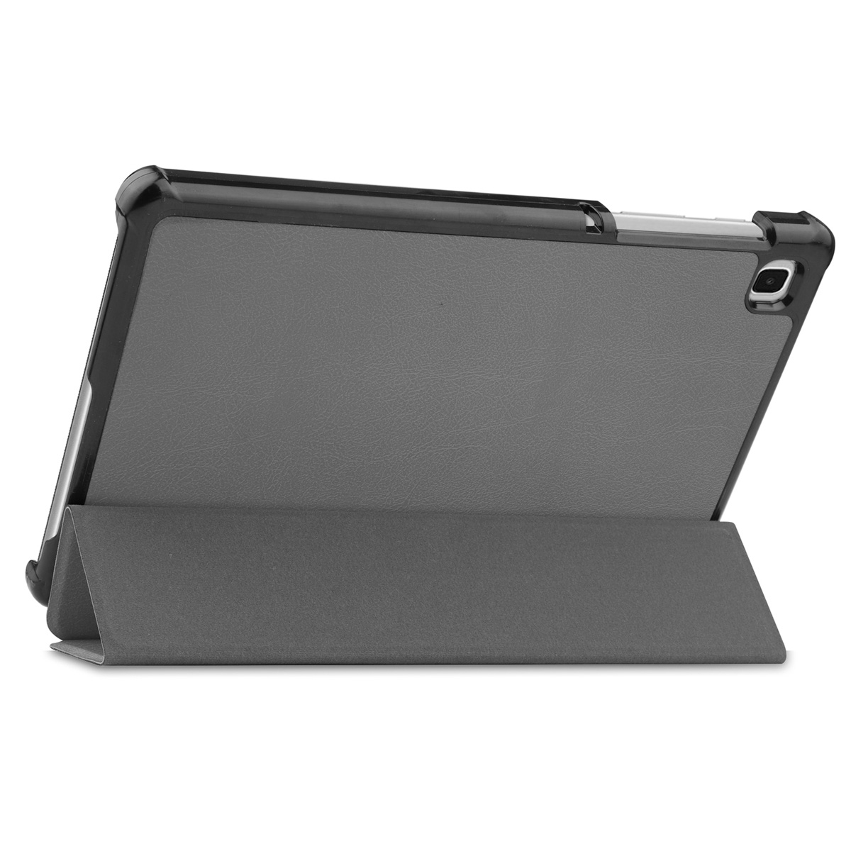 Een iPad in een hoes, omhooggezet om te bekijken. De hoes is grijs.