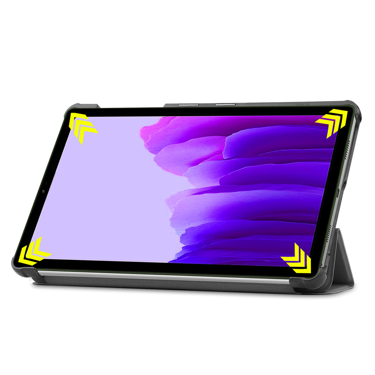 Tablet in een zwarte hoes, omhooggeklapt, met een paars scherm. Gele pijlen markeren hoeken.