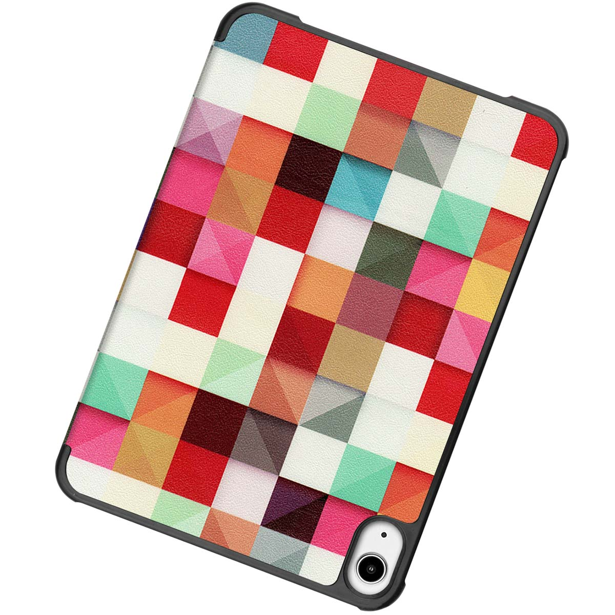 An iPad with a colorful cover in a geometric pattern.