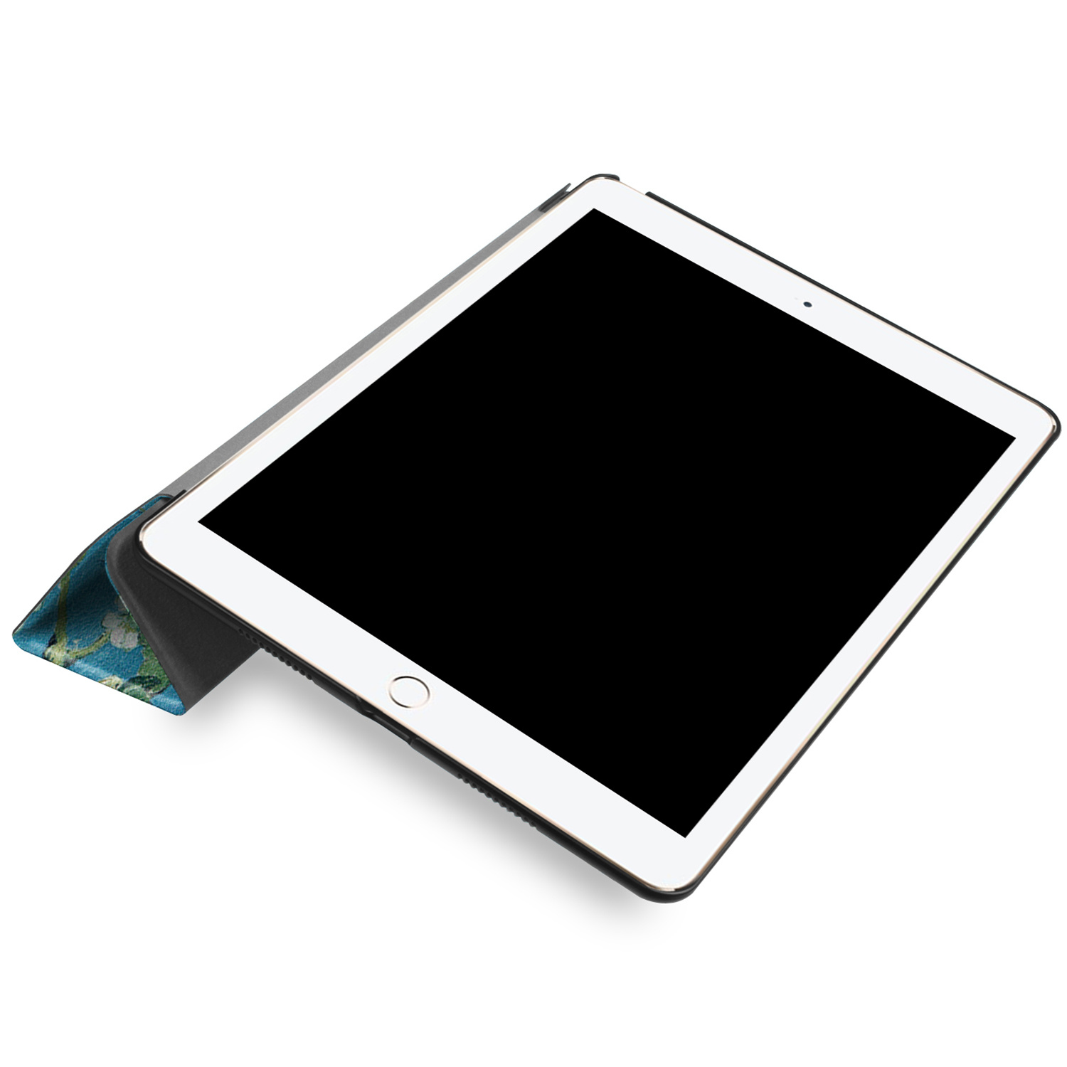 Tablet open, showing a blank black screen, with a floral design on the case.