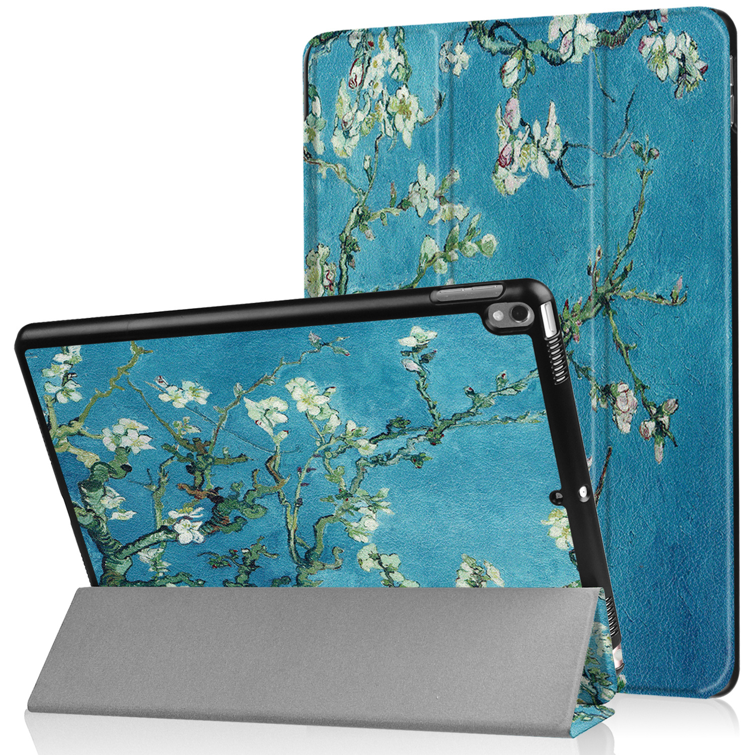 Tablet with floral art case, standing.