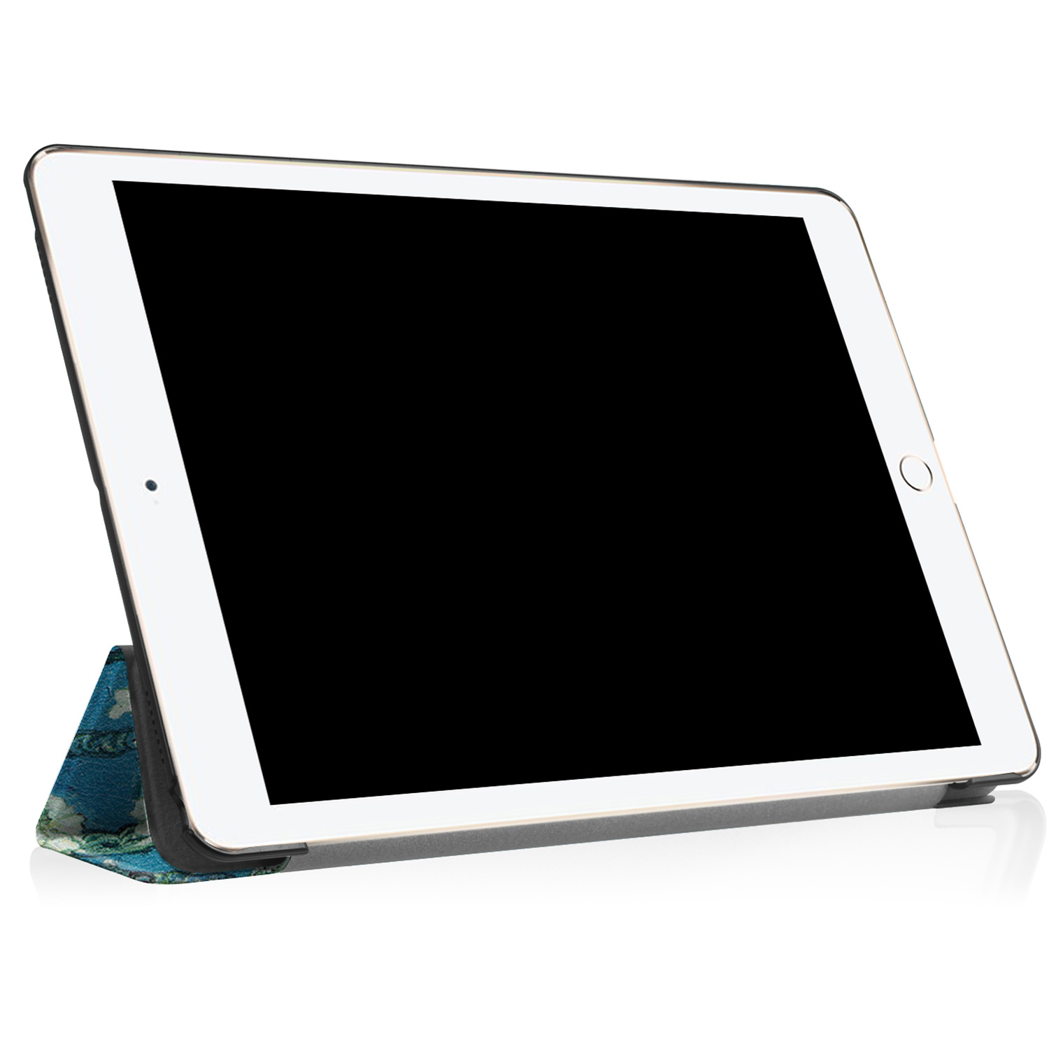 Tablet with a white frame, open, with a floral design on the cover.