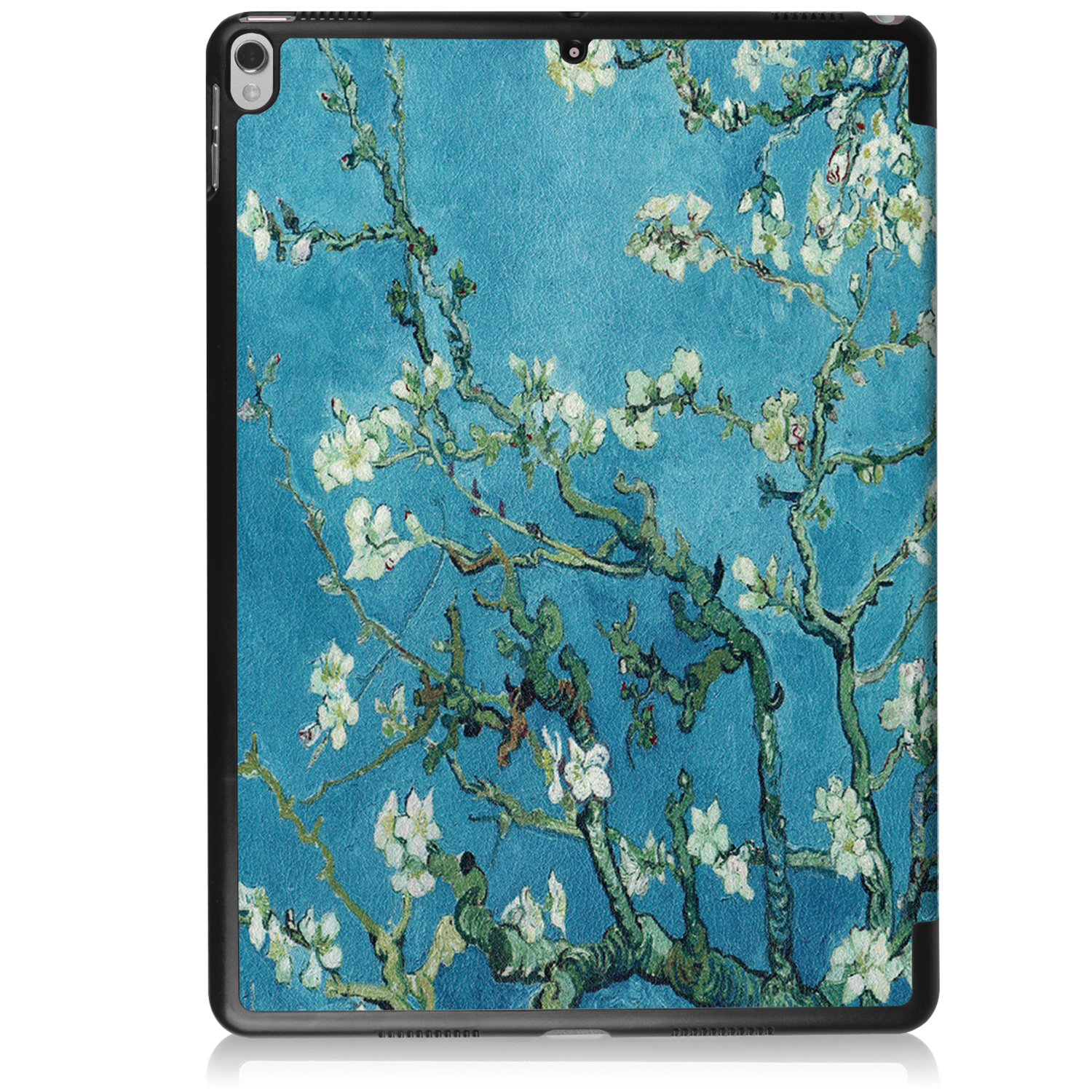 Tablet case with a floral design. Blue background, white flowers. Black frame. Inspired by Van Gogh's art.