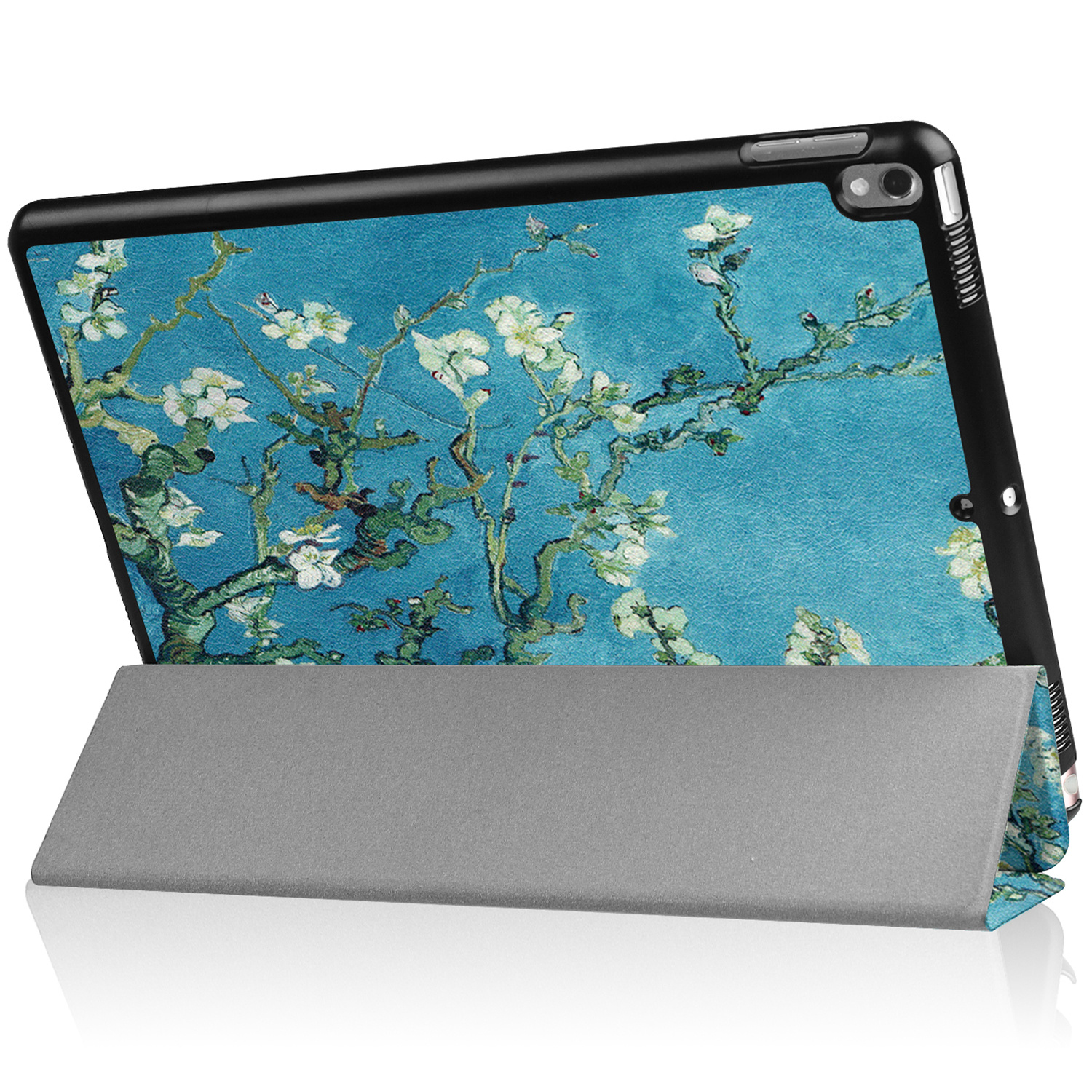Tablet in floral case, propped up. The screen shows a painting.
