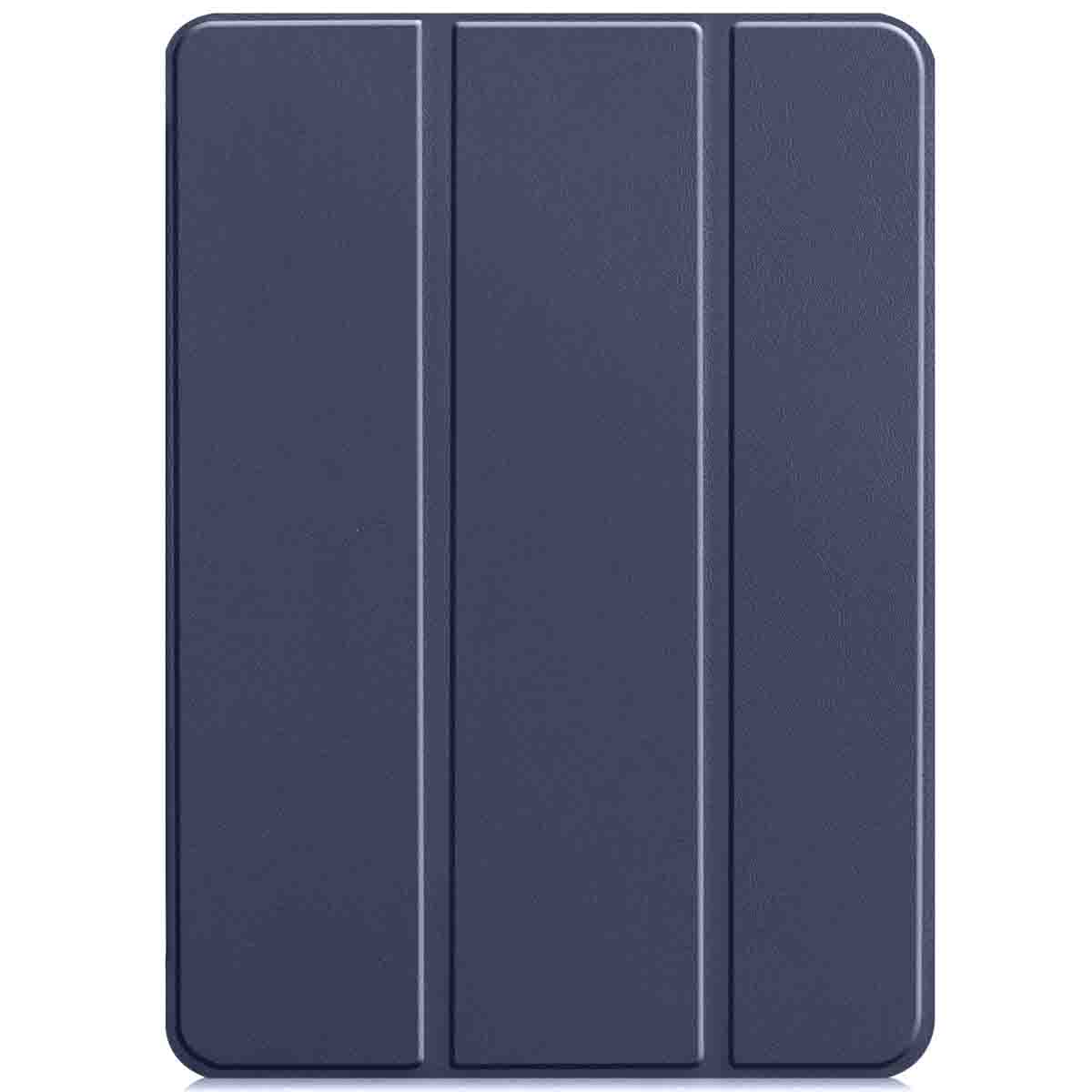 Dark blue tablet case, closed, upright. Solid color.