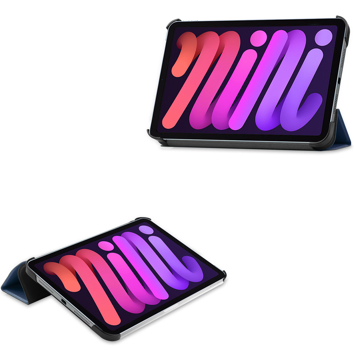 Two images of a tablet in a case. The case is blue with a pink and purple design on the screen.