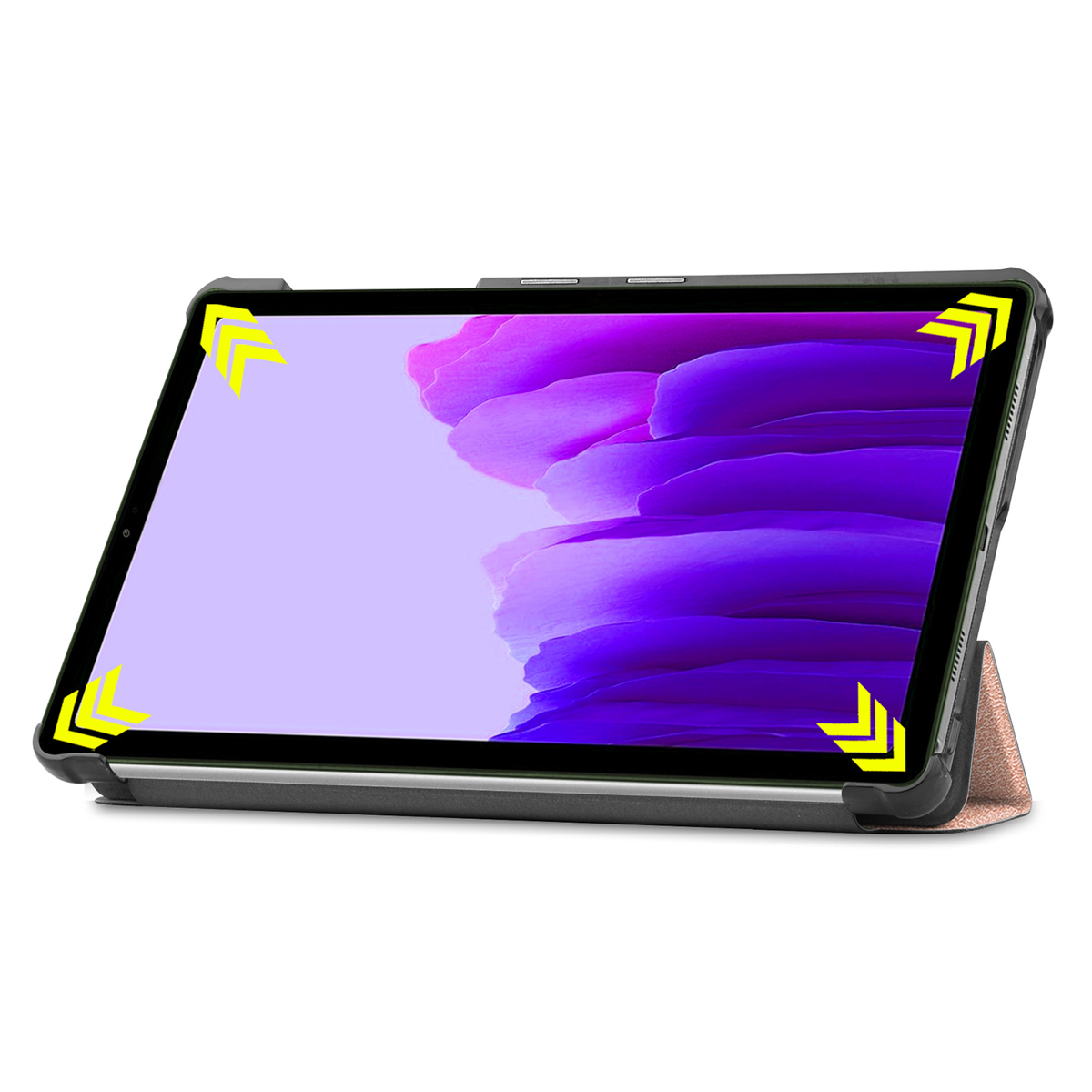Tablette dans un étui, ouverte pour montrer l'écran. L'étui est rose, avec des flèches jaunes. L'écran est violet.