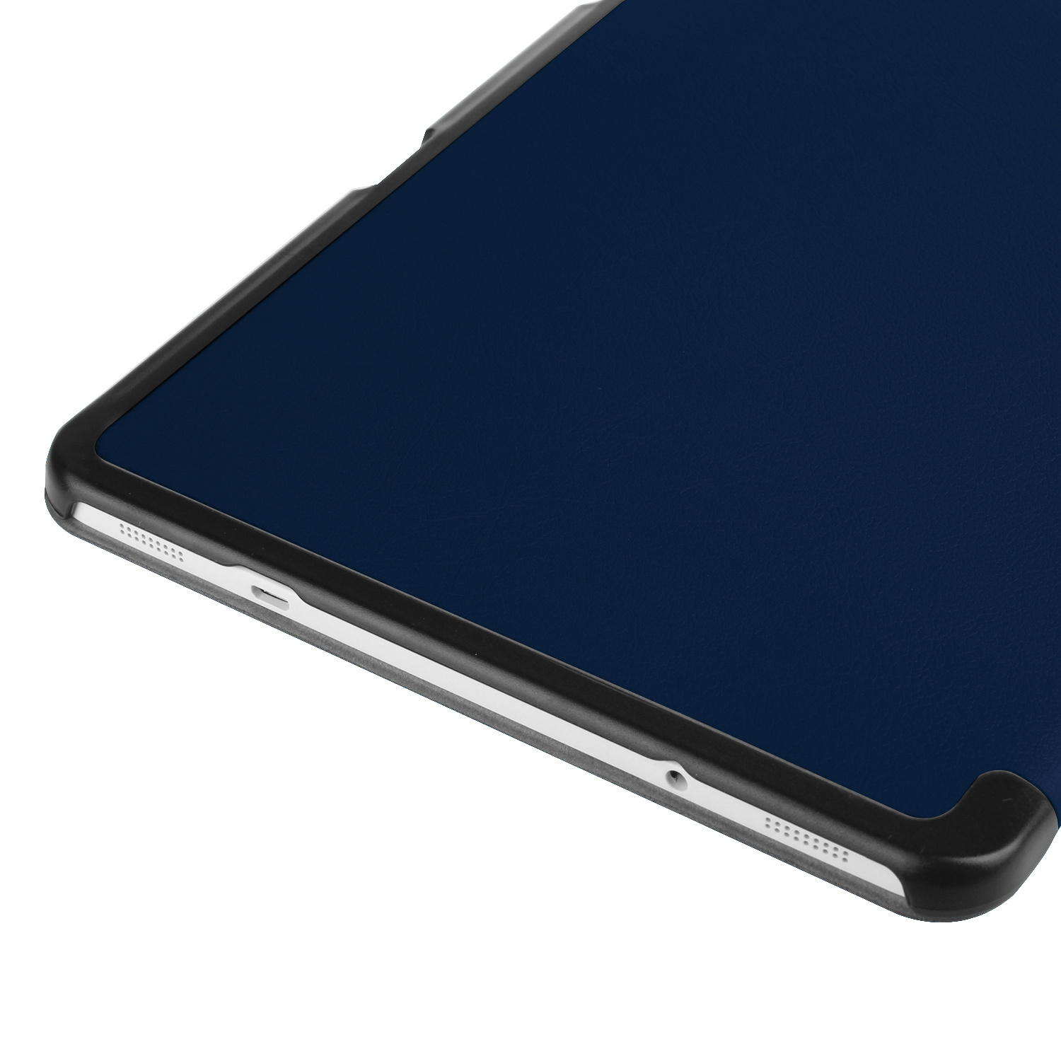 Tablethoek, zwart frame en donkerblauw scherm. Toont de zijkant van het apparaat.