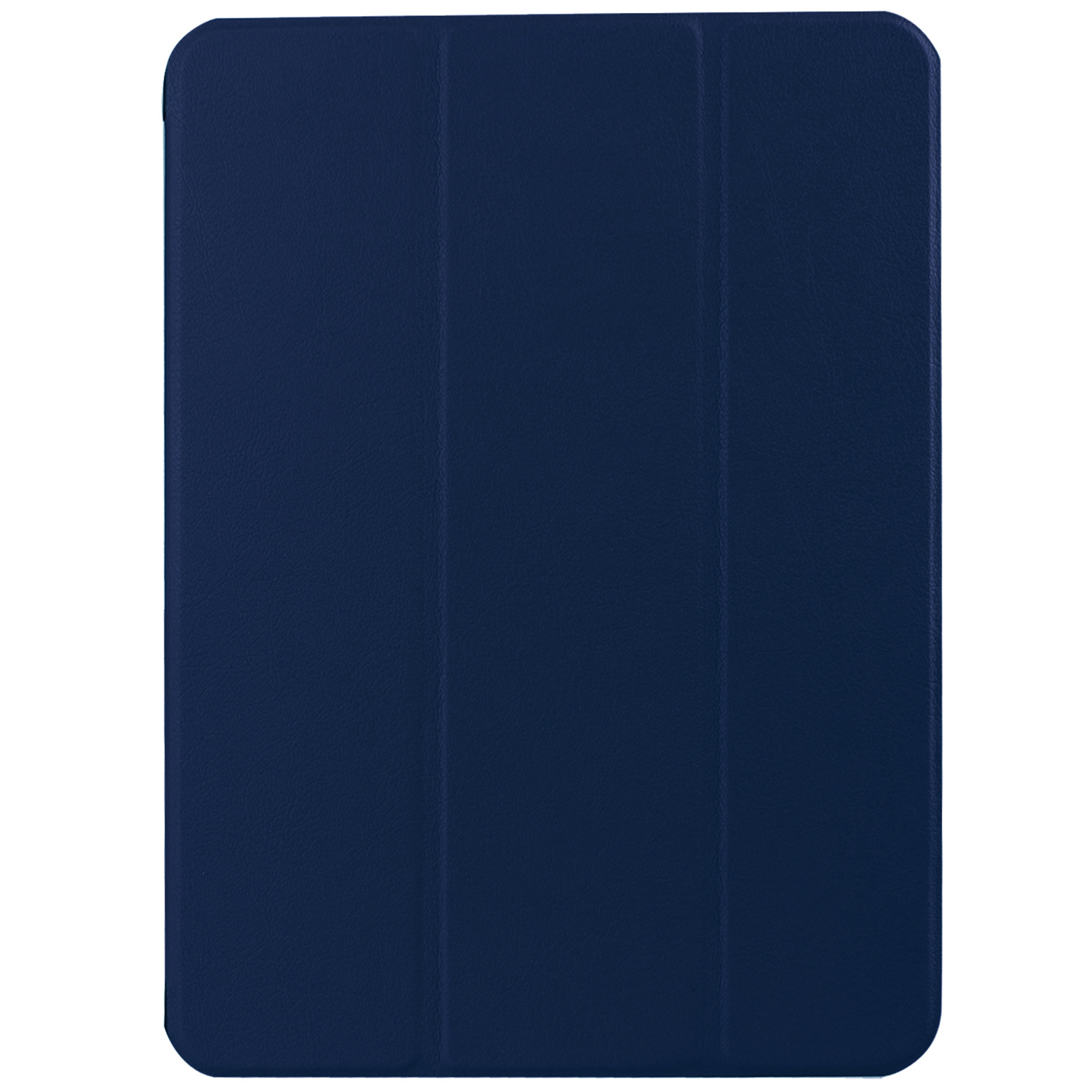 Gesloten blauwe tablethoes. De cover is effen blauw. De hoes heeft een getextureerd oppervlak.