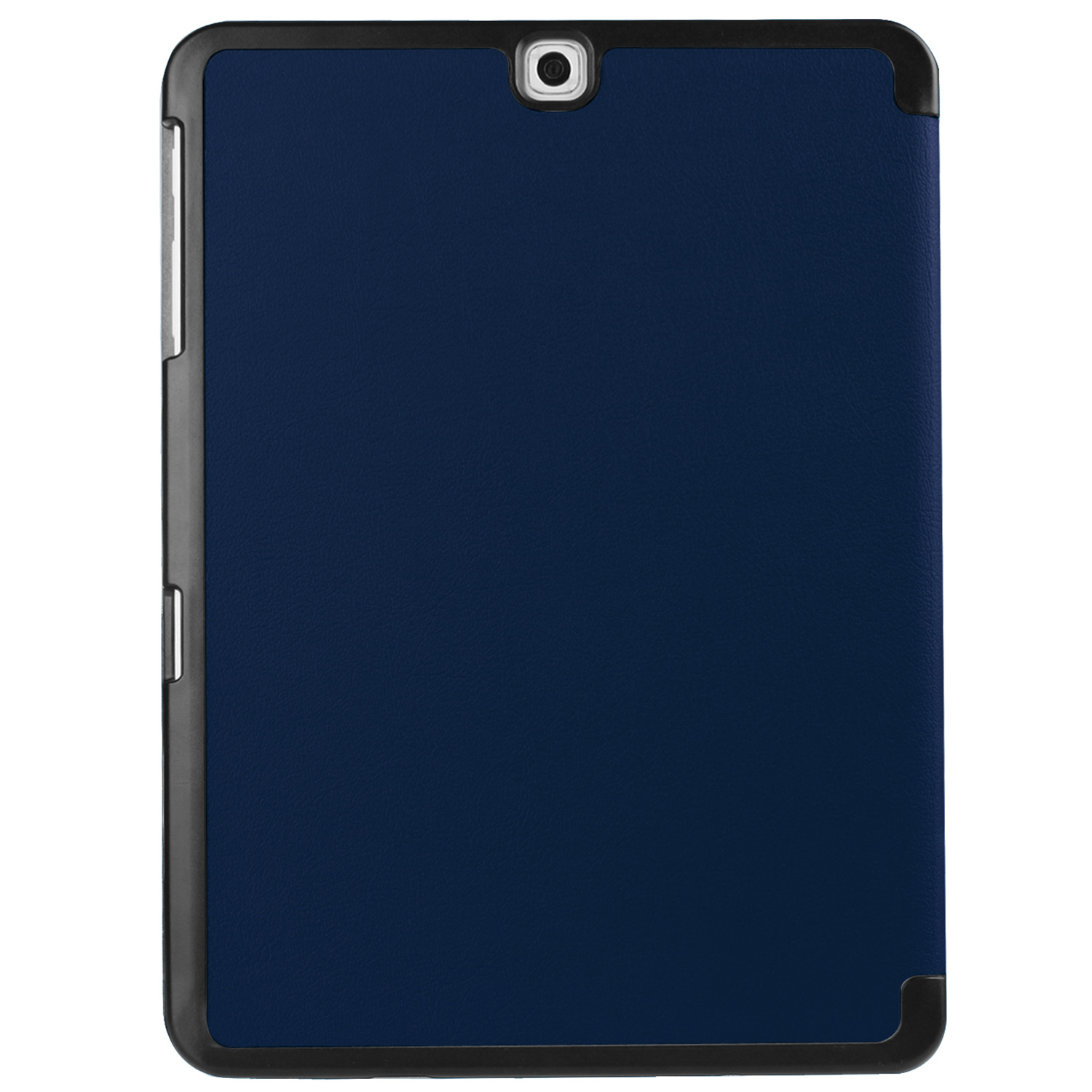 Tablethoes, donkerblauw met zwart frame, camera zichtbaar.