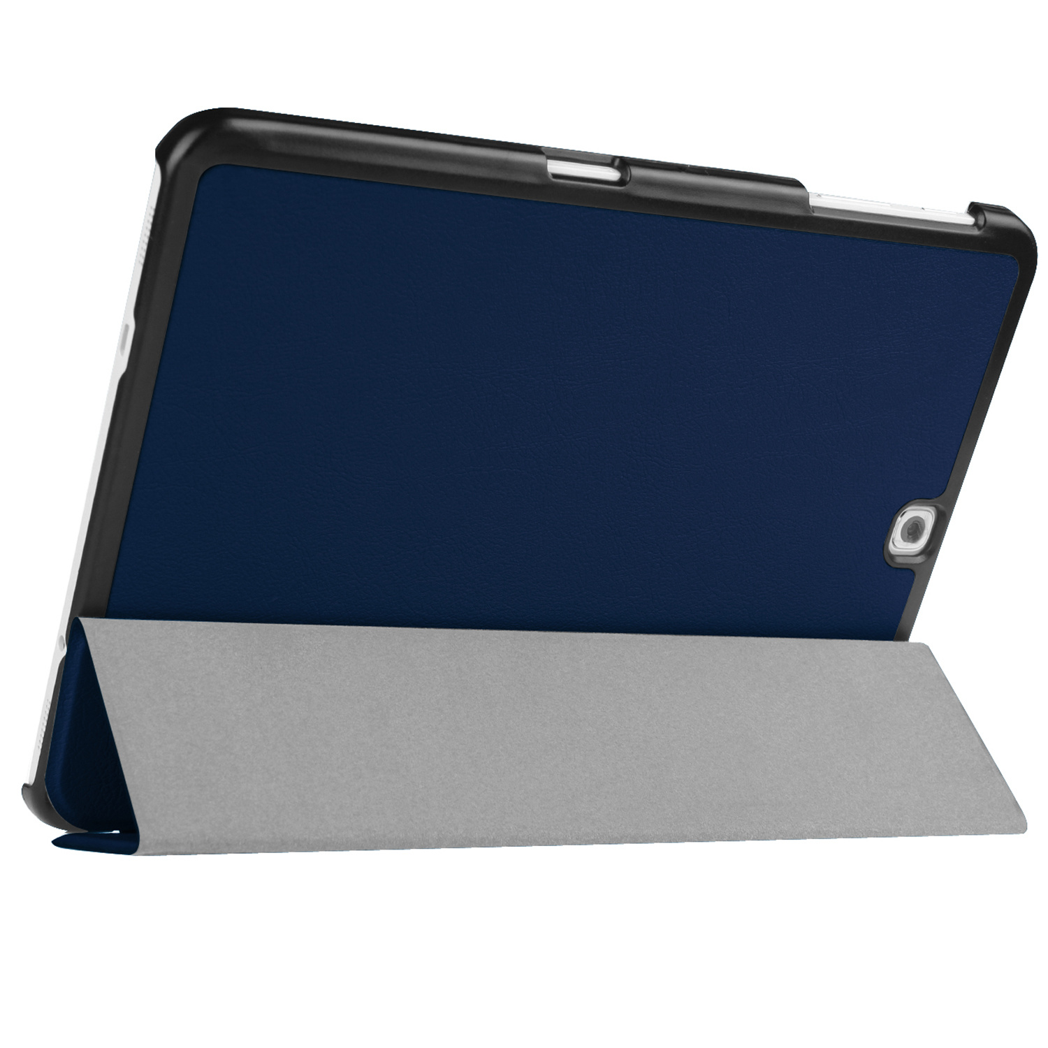 Tablethoes met een blauwe achterkant en grijze standaard. Zwart frame.