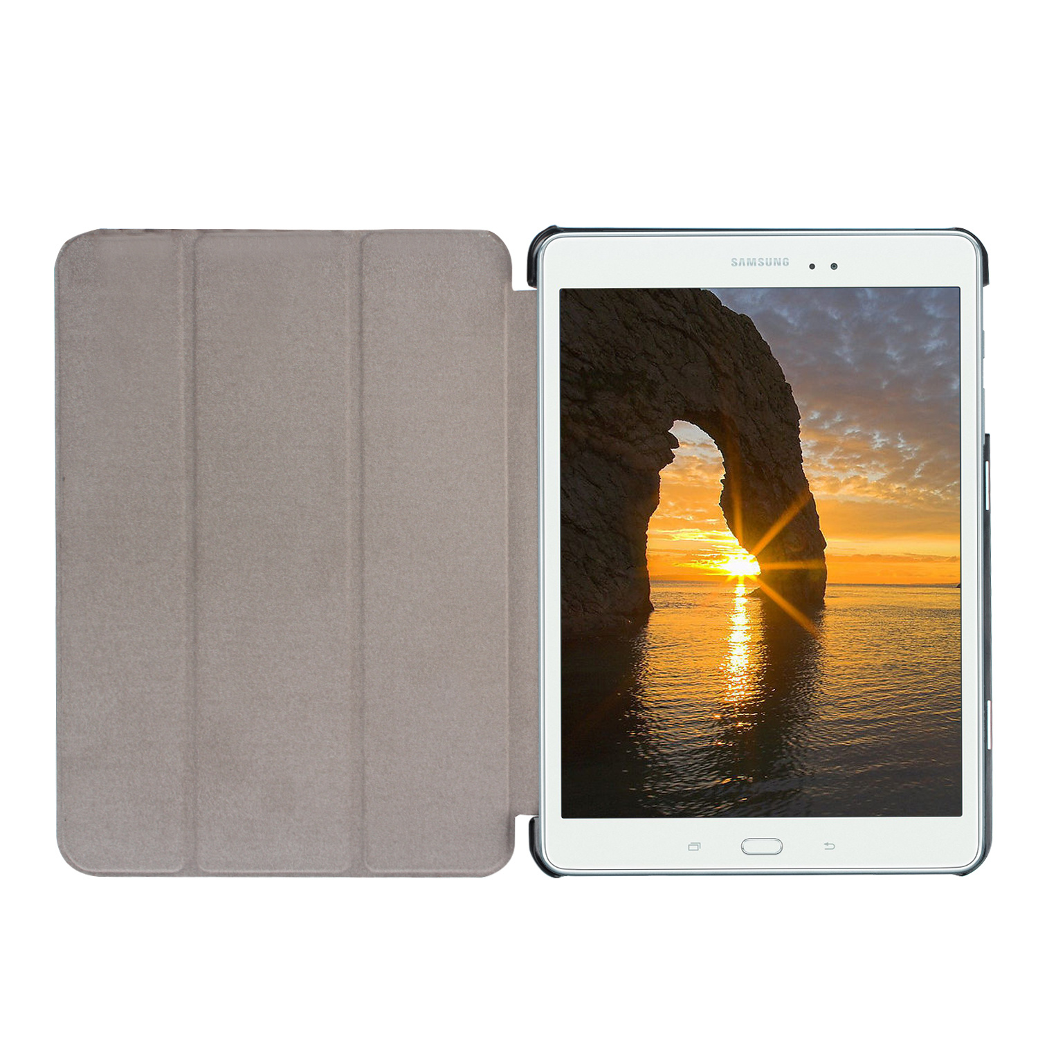 Tablet open, met een zonsonderganglandschap op het scherm. De hoes is beige.
