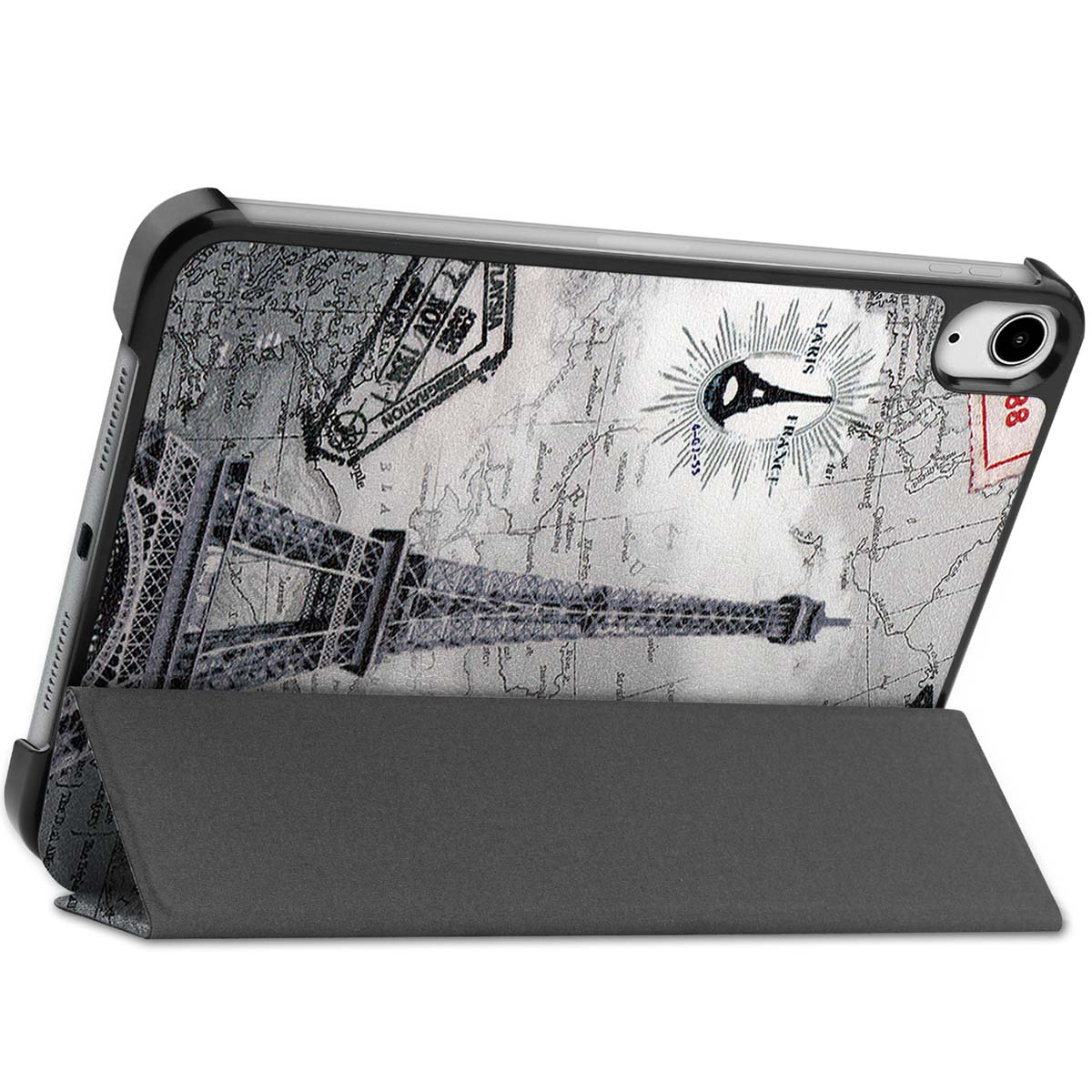 Tablet with a Paris map design, showing the Eiffel Tower. The case is grey.