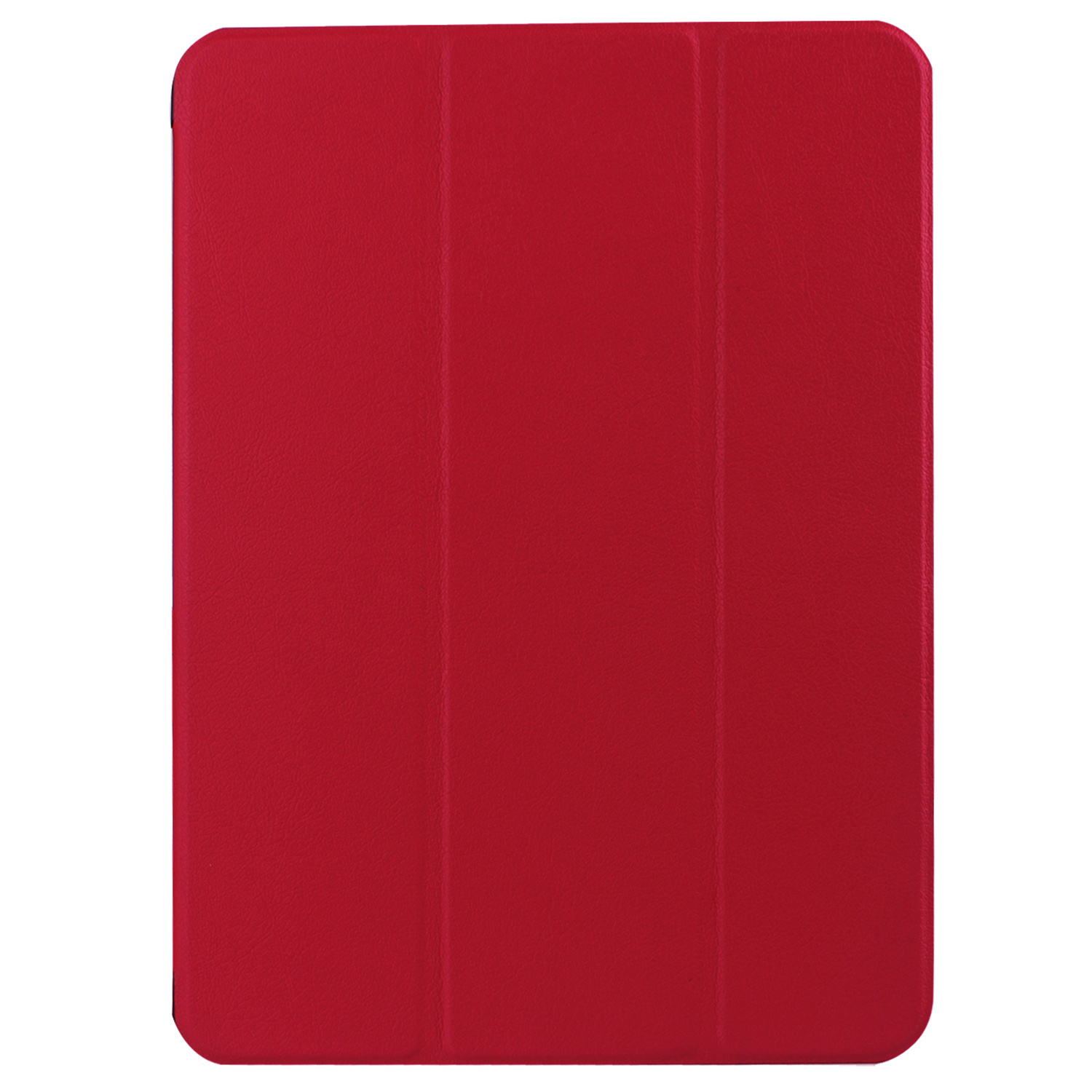 Een rode tablethoes, gesloten, met een glad, getextureerd oppervlak. De hoes is effen rood.