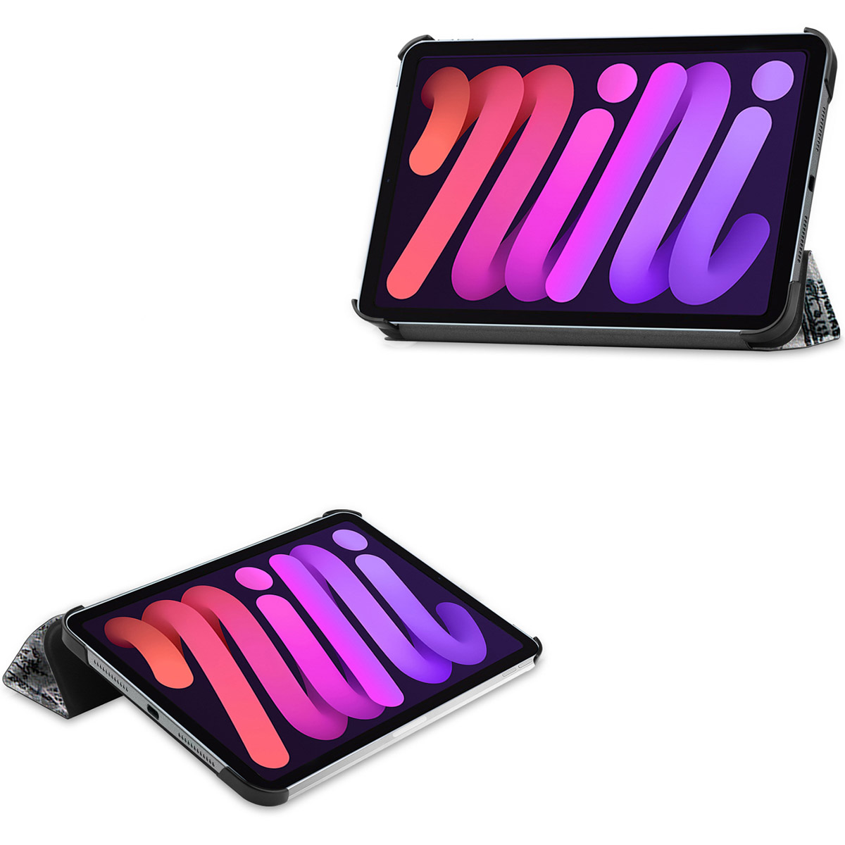 Two tablets with colorful screen, in black cases. White background.