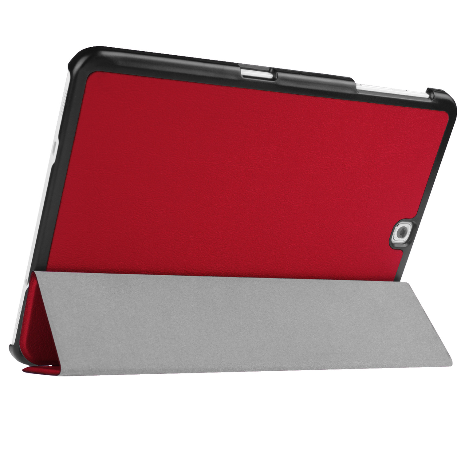 Tablet in een rode hoes, opgeklapt, de achterkant zichtbaar.