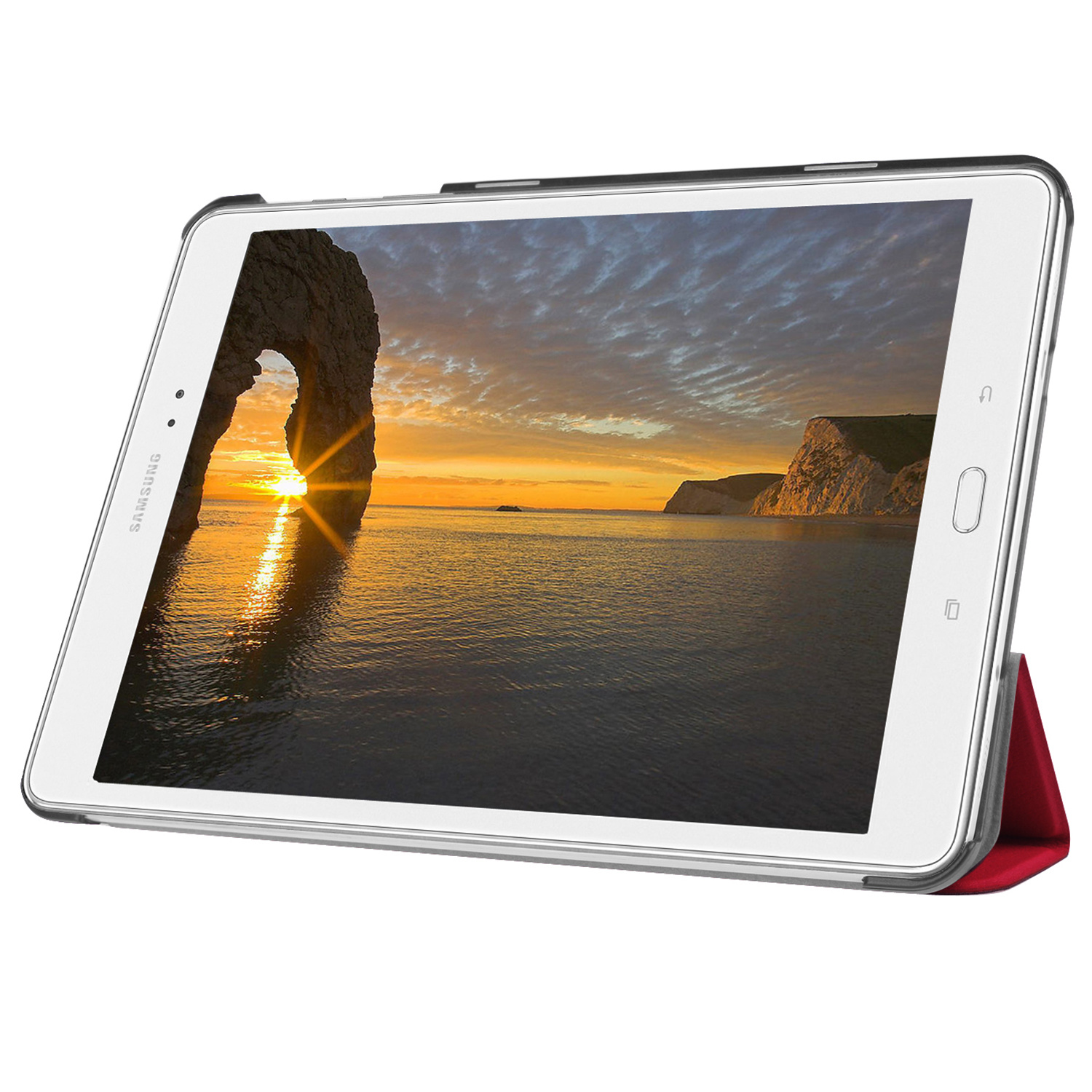 Tablet met een zonsondergang op het strand. De tablet zit in een rode hoes.