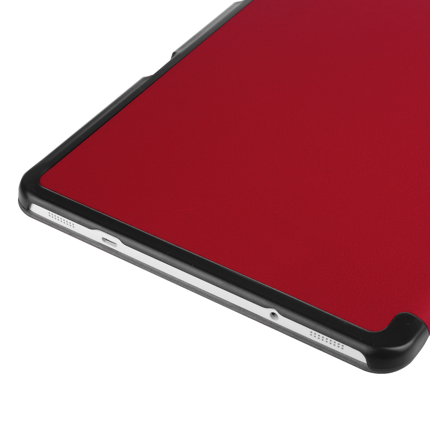 Tablet hoekdetail. Rode hoes, zwart frame.
