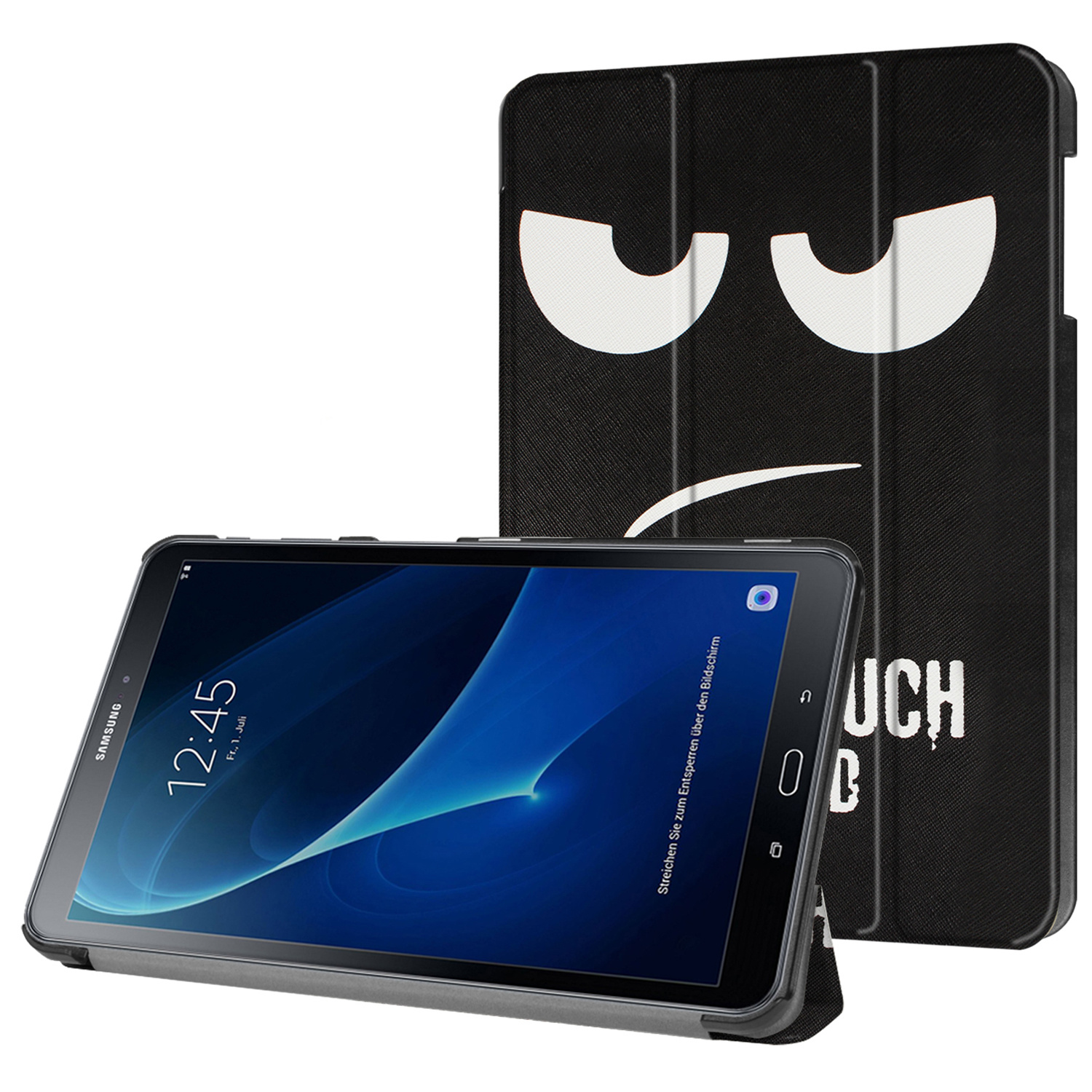 Tablet met een zwarte hoes met een cartoongezicht. De hoes heeft witte ogen en een mond.