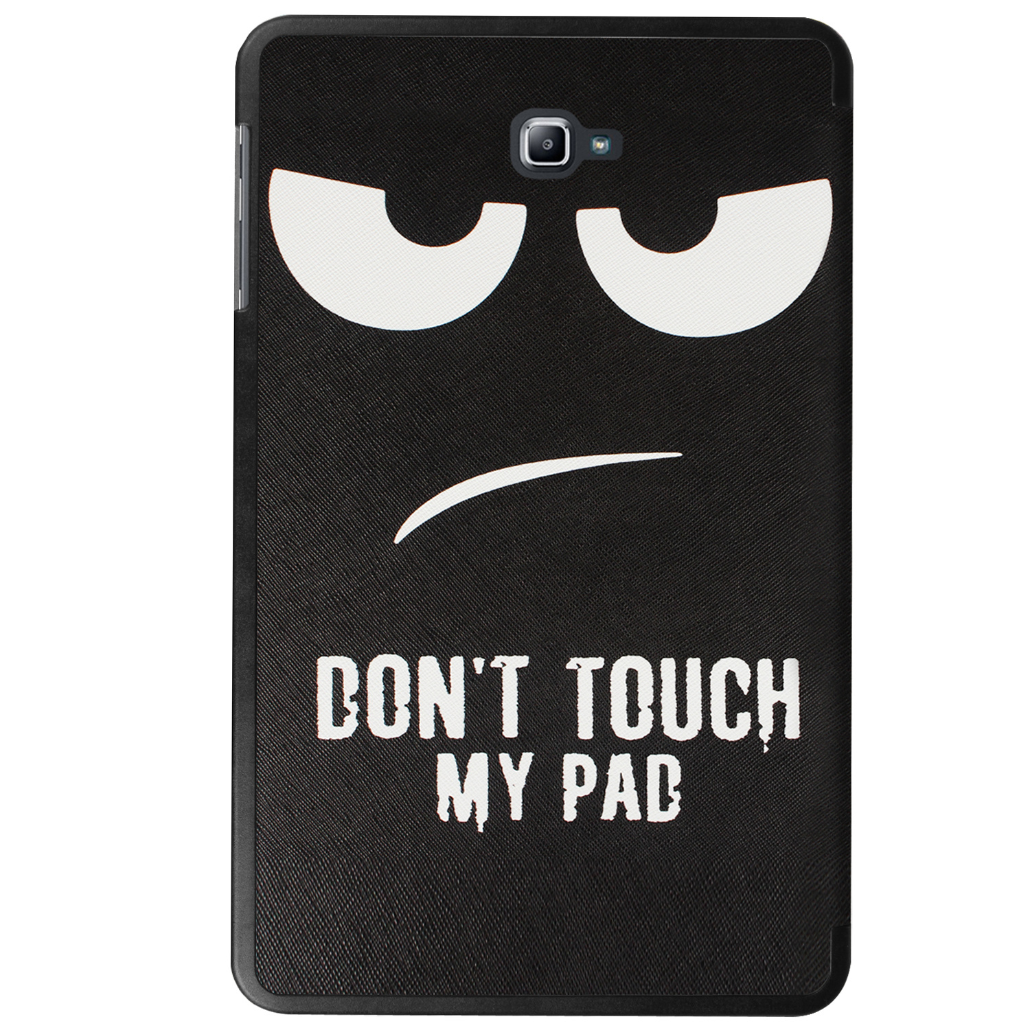 Zwarte tablethoes met een gezichtsontwerp, witte ogen en een frons, en de tekst 'DON'T TOUCH MY PAD'.