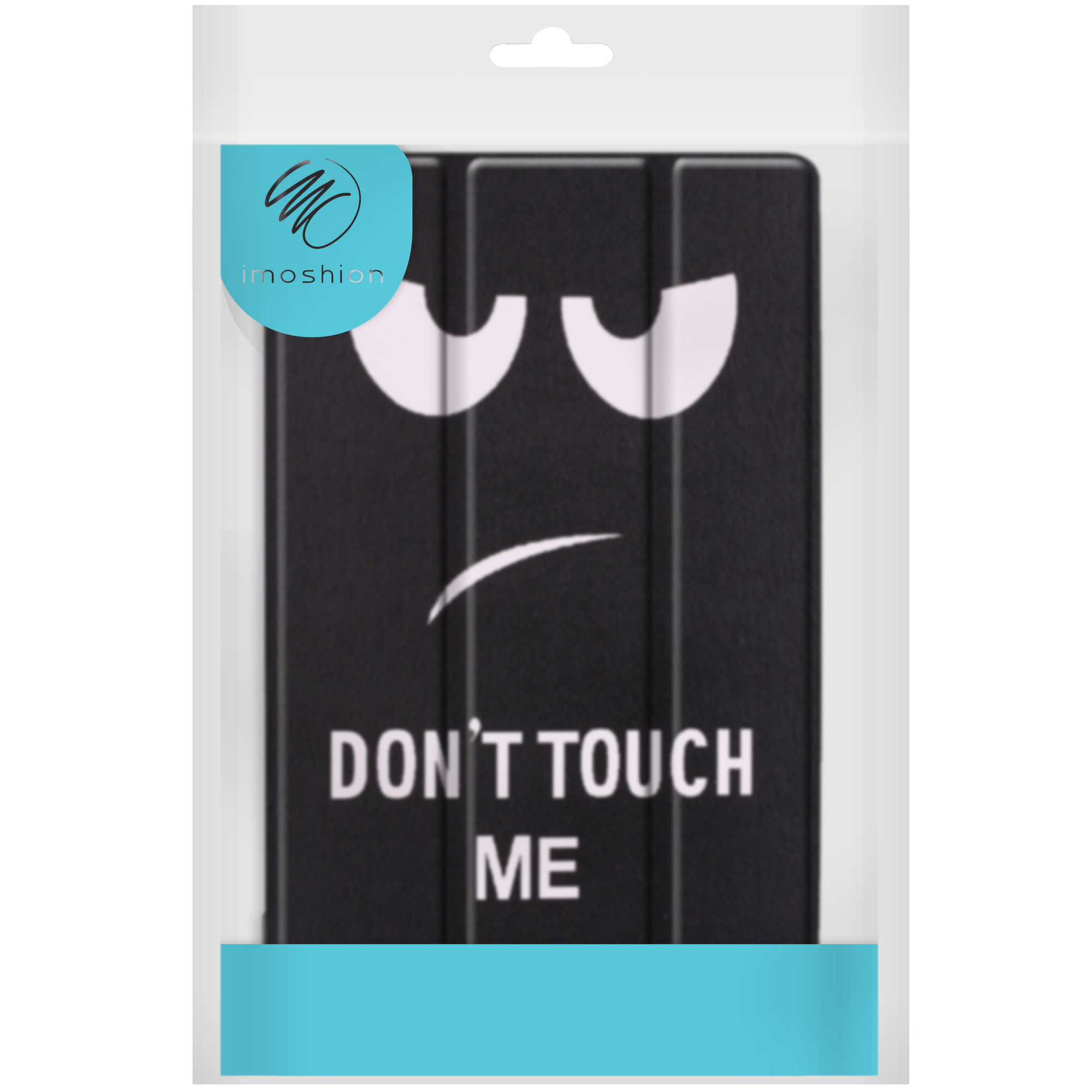 Black tablet case with a face design and the words 'DON'T TOUCH ME'. The case is sealed in plastic.