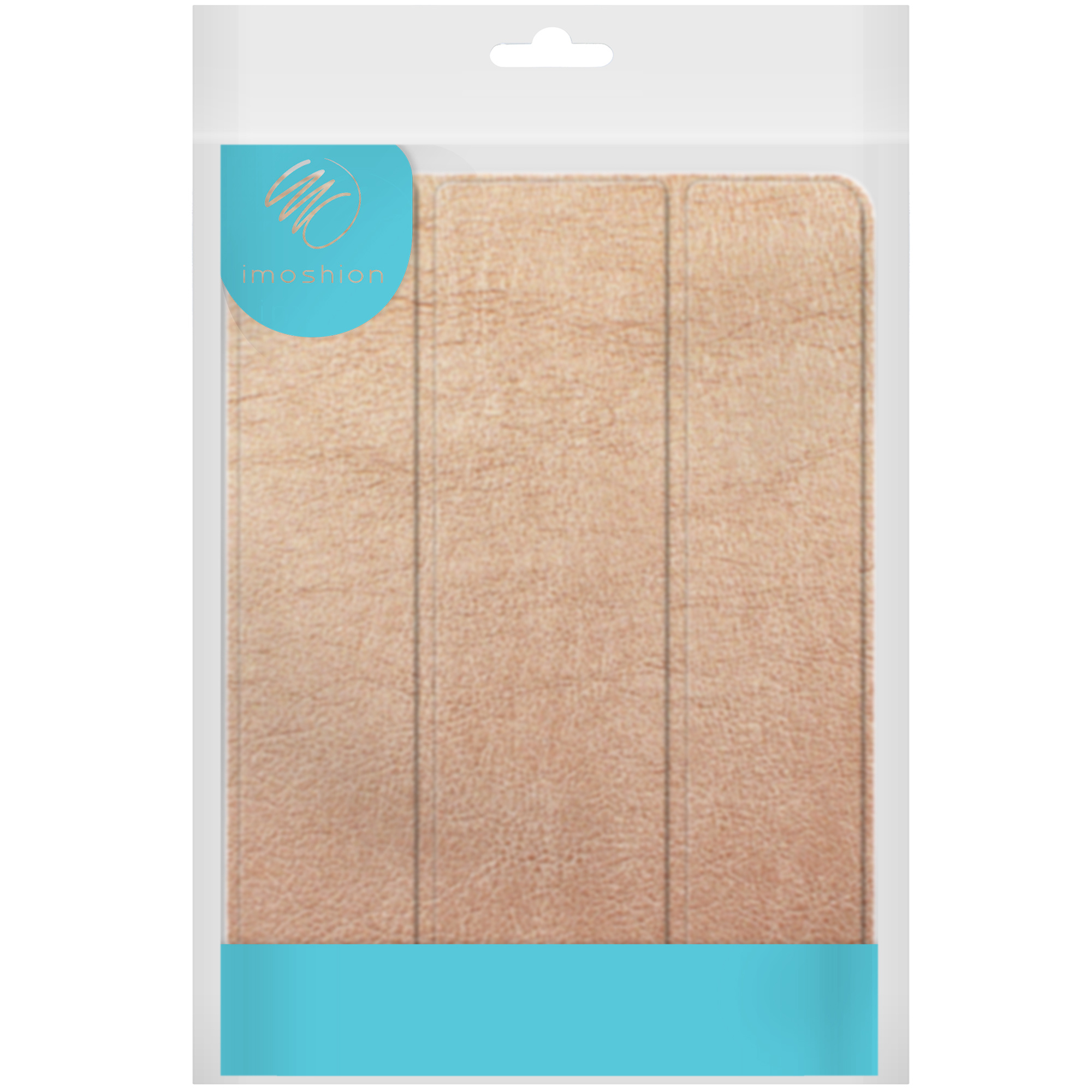 Tablet case in packaging. Beige color, with a blue bottom part.