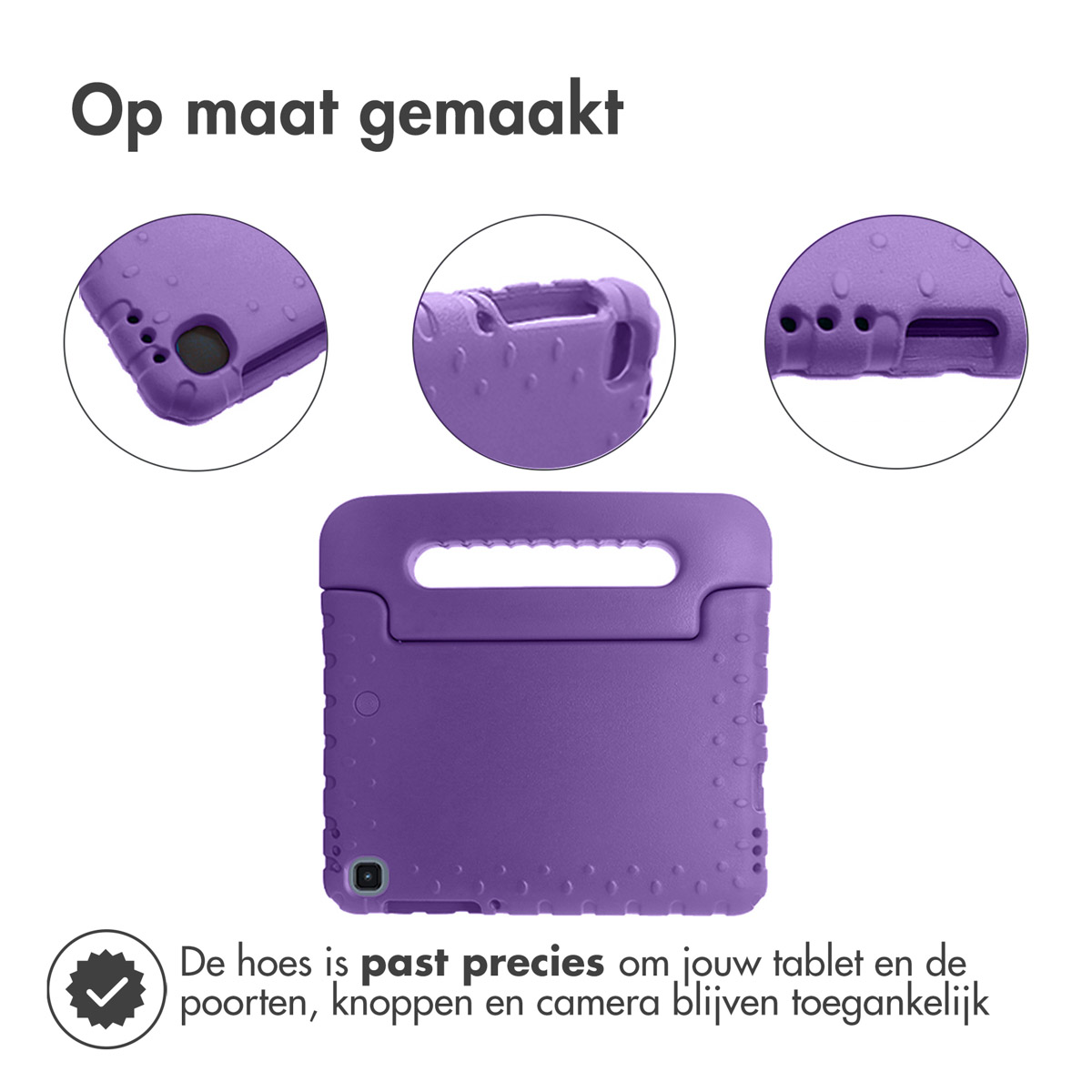 Paarse tablethoes met details van randen en achterkant. Tekst: 'Op maat gemaakt'.