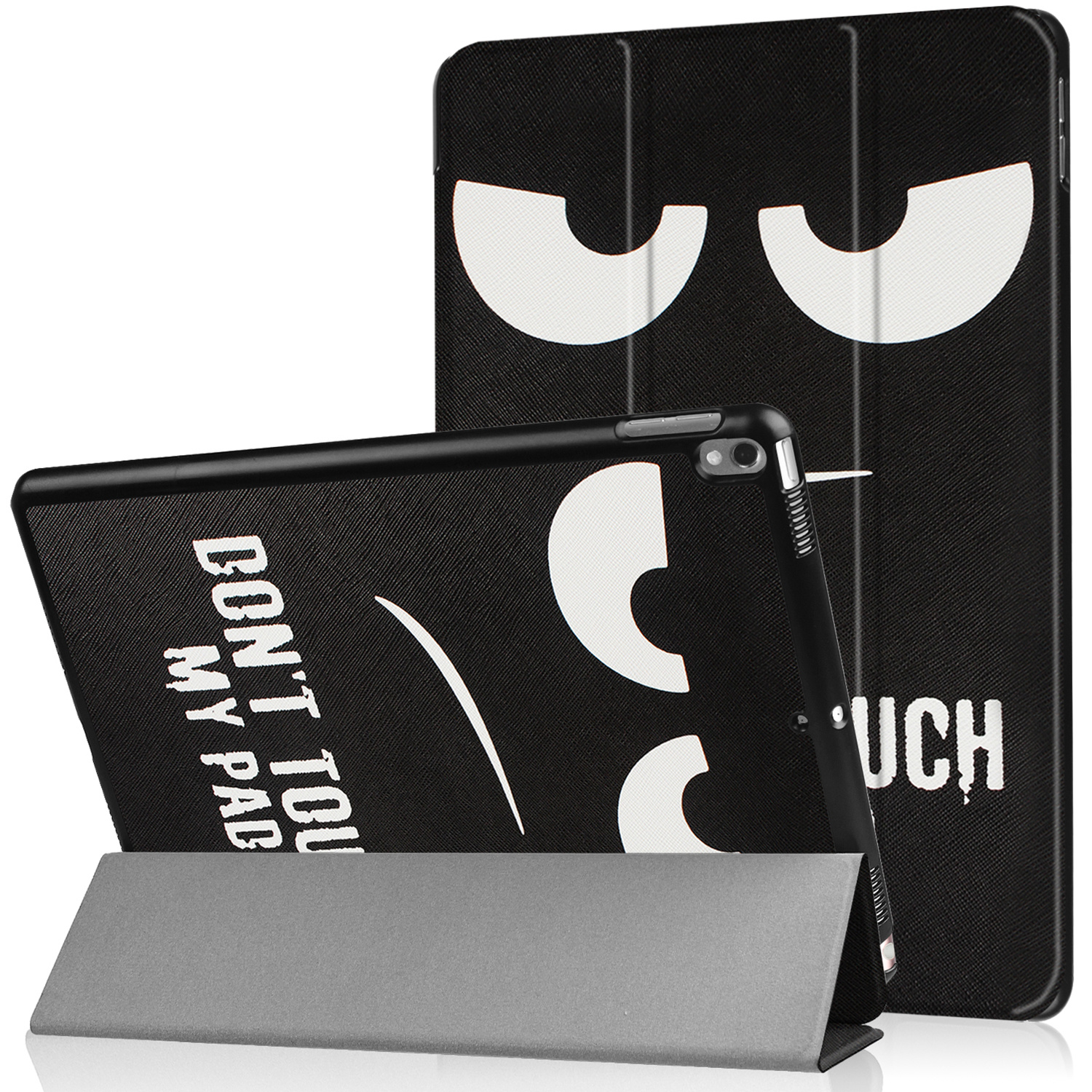Black tablet case with white eyes and text. Tablet is propped open.