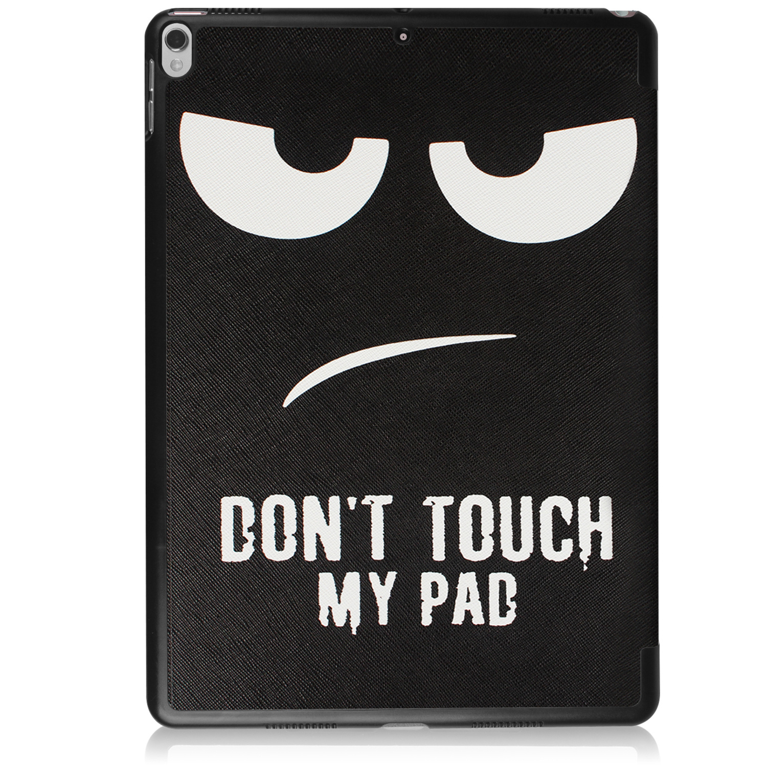 Black tablet case with a face design that says: DON'T TOUCH MY PAD.