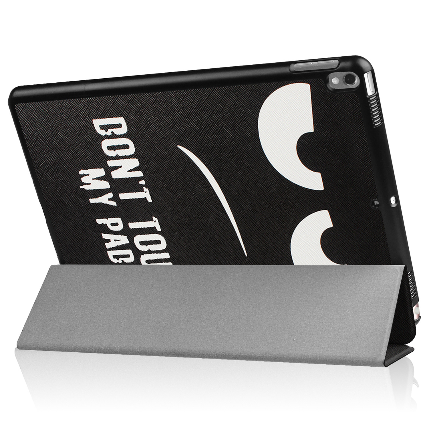 Tablet in a black case with a white graphic. The tablet is resting on a gray stand.