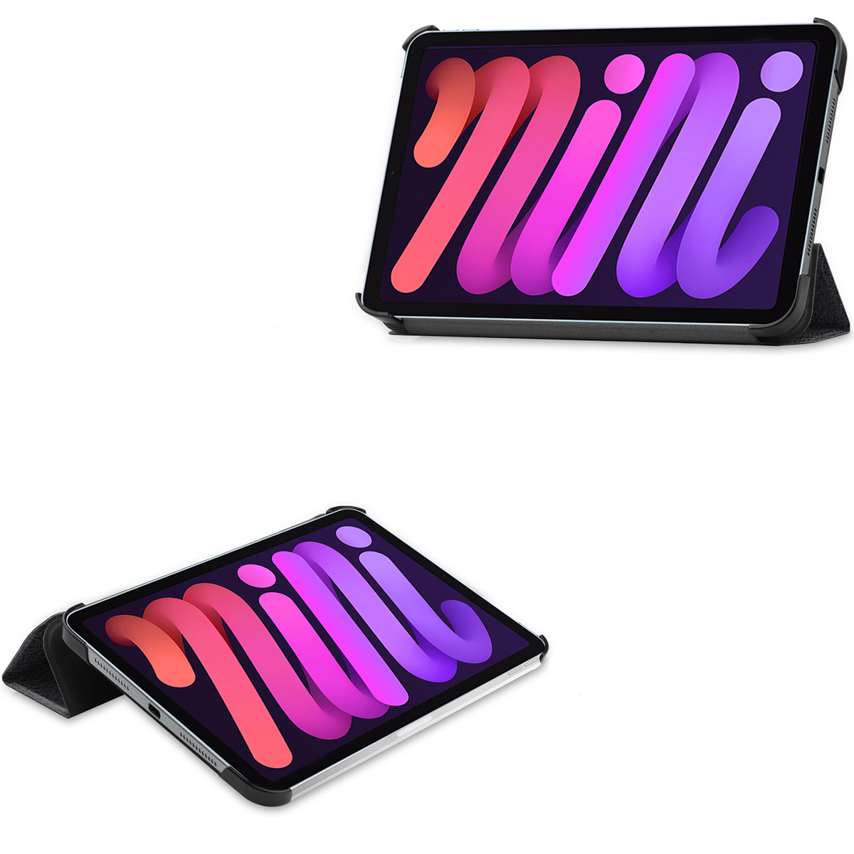 Two images of a tablet in a case. The tablet screen displays a colorful design.