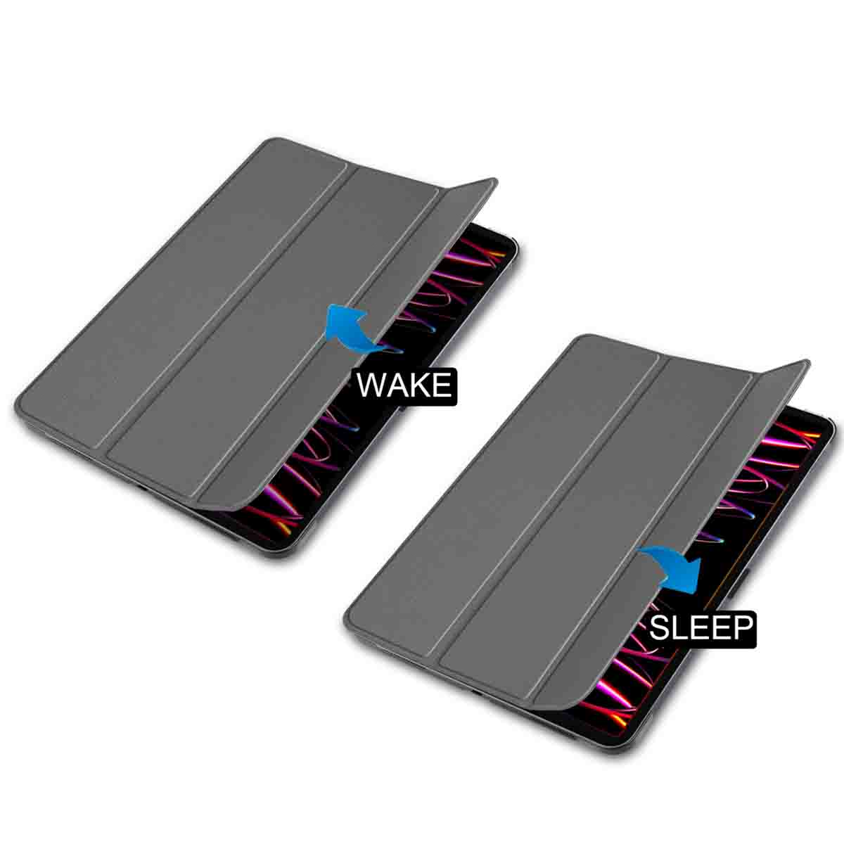 Two tablets, grey cases. One says 'WAKE' and the other 'SLEEP' with arrows.
