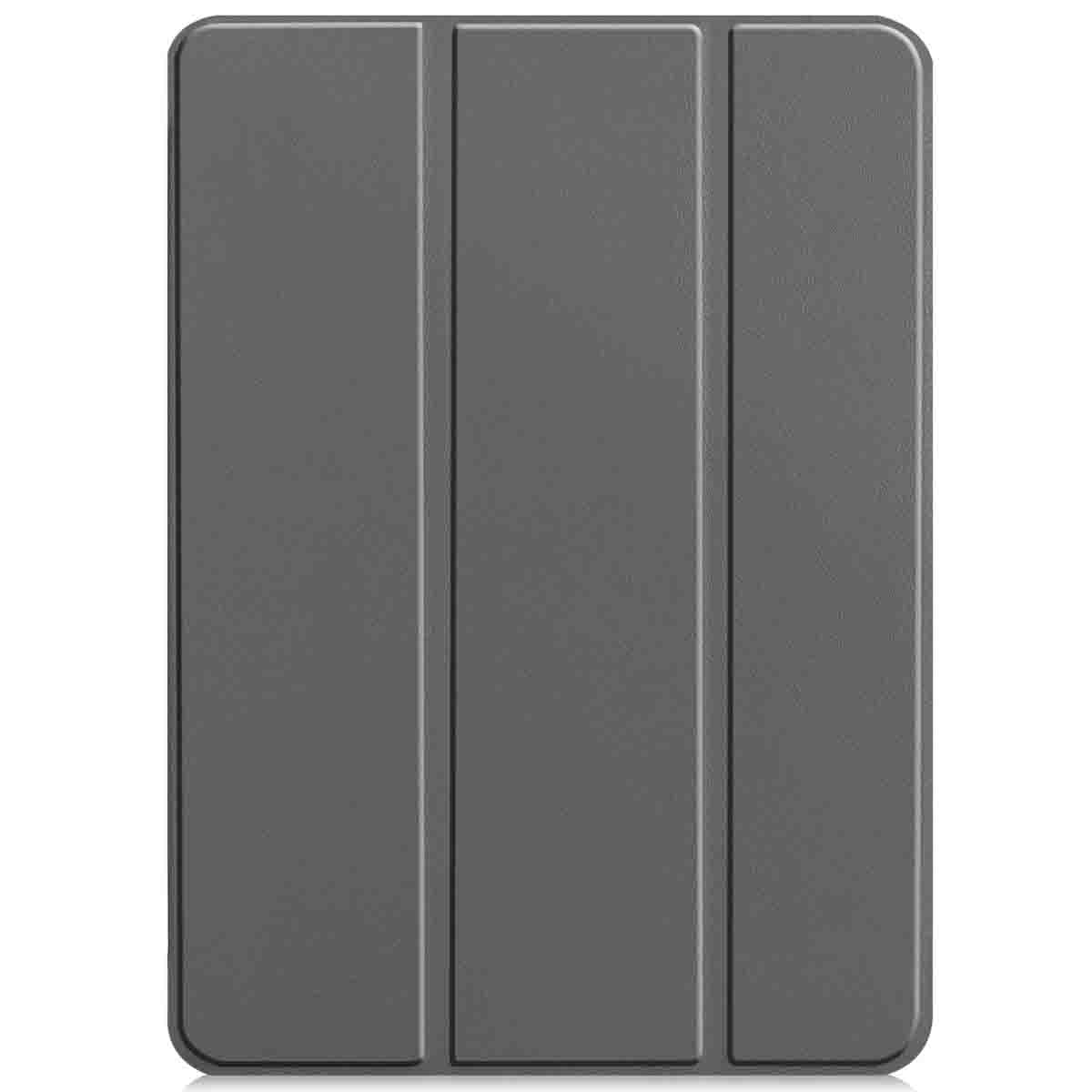 Gray tablet case closed, showing the textured surface of the case.