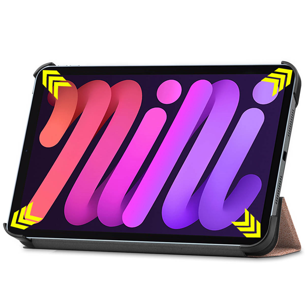 Tablet met kleurrijk abstract ontwerp. Bruine hoes. Zwart frame. Gele pijlen.