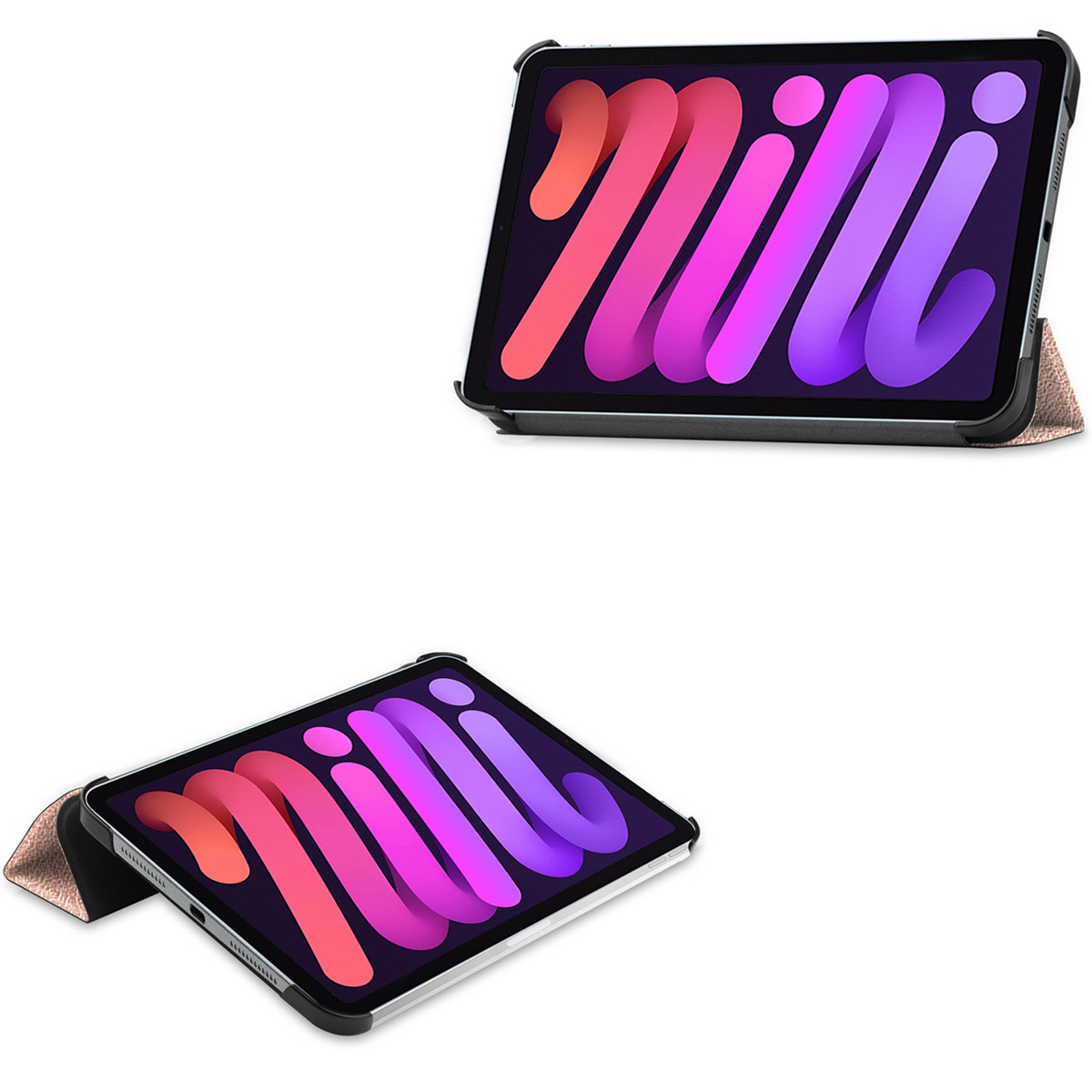 Twee afbeeldingen van een tablet in een hoesje. Het tabletscherm toont het 'Mini'-logo in roze en paars.