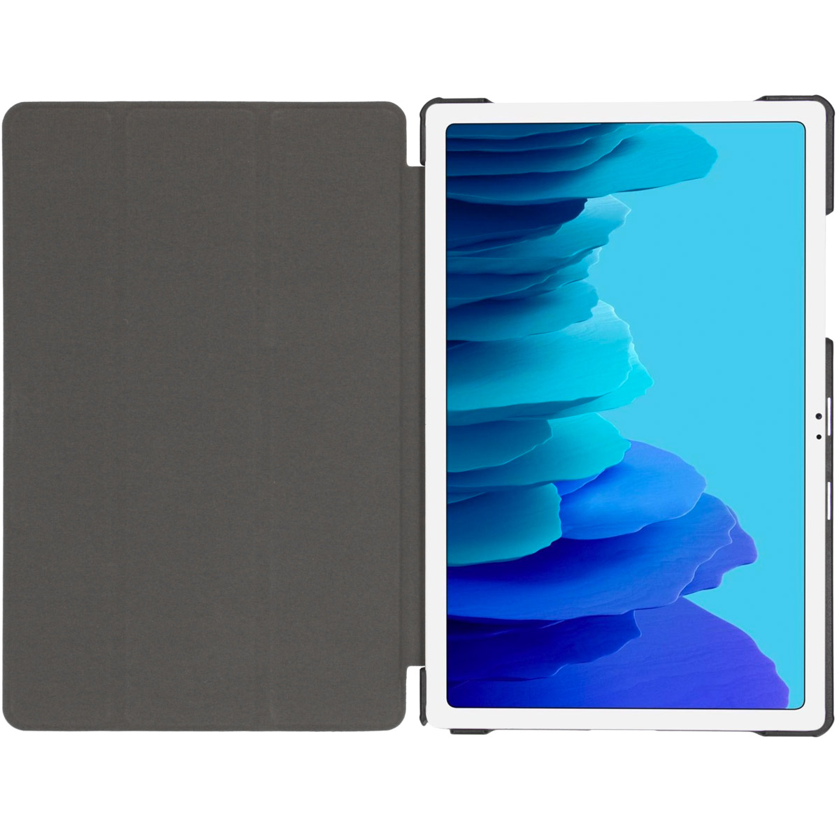 Tablet met blauw scherm. Opengeklapt aan de zijkant. Donkergrijze hoes.