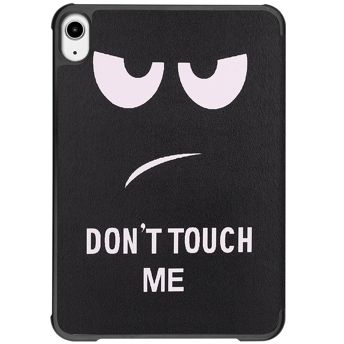 Black iPad case with a face that says "DON'T TOUCH ME" in white letters.