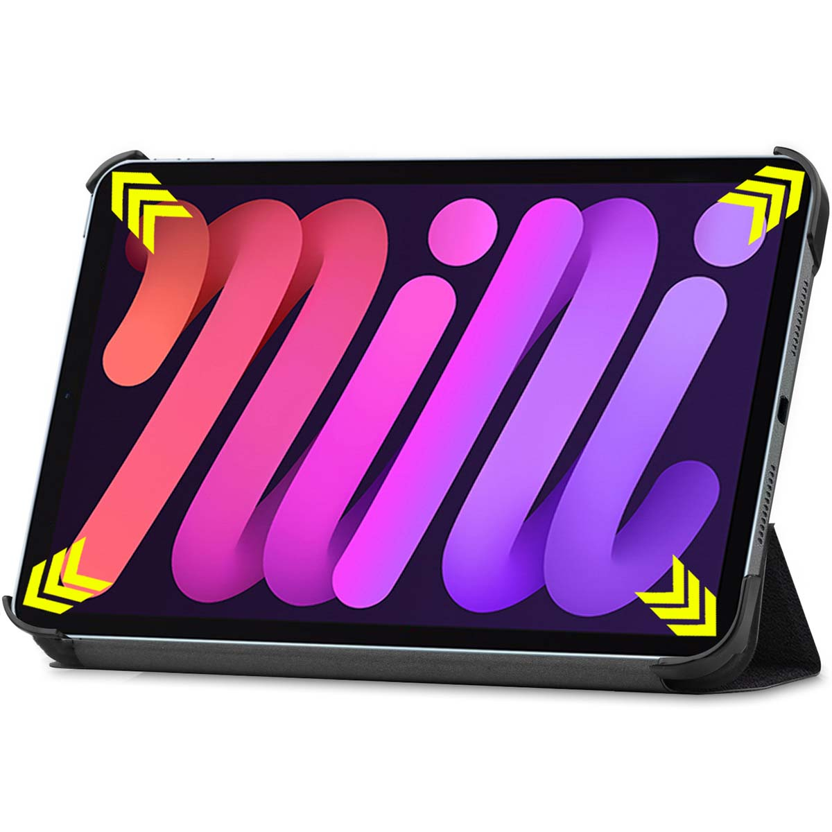 Tablet with a colorful screen. The tablet is in a case with yellow corner protectors.