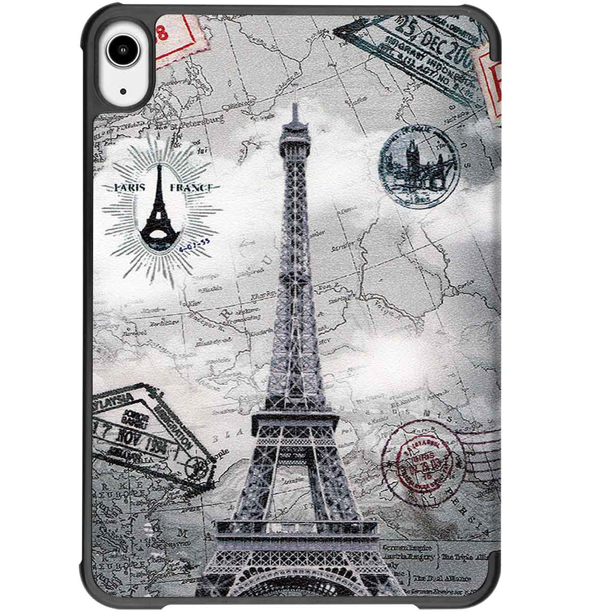 Tablet with a cover that has an Eiffel Tower graphic and stamps on it.