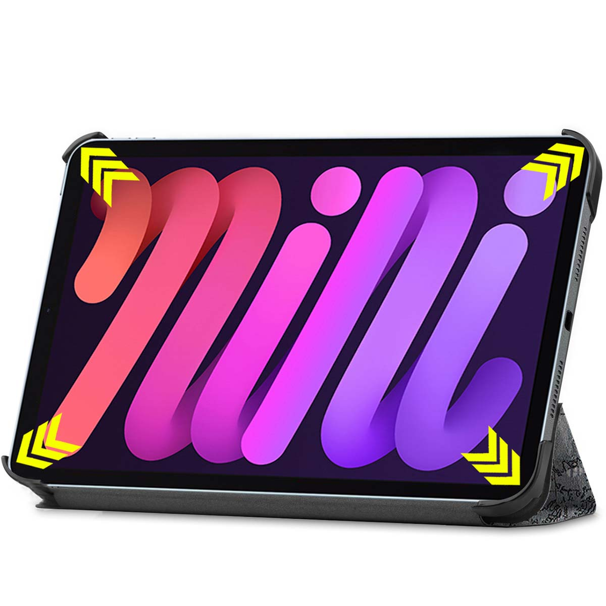Tablet with colorful design. Black frame. Brown case. Yellow arrows.