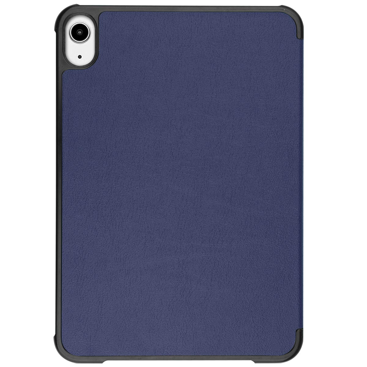 Blue iPad case, camera on the top left corner. Dark gray frame.